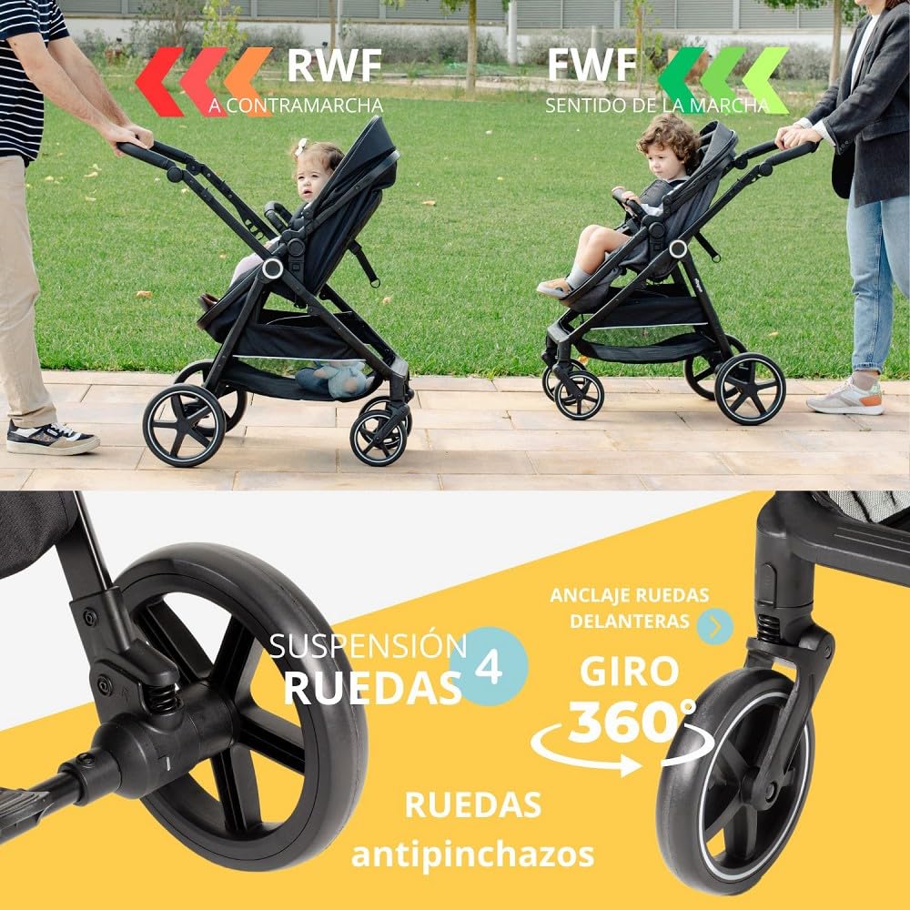 Carrito Bebe 3 en 1 Interbaby | Silla Paseo desde Nacimiento hasta 48 meses o 22 kg | Capazo Acolchado, Amortiguadores, Asiento Ajustable y Silla de Auto (Grupo 0) | Cochecito bebe Modelo Versa Negro