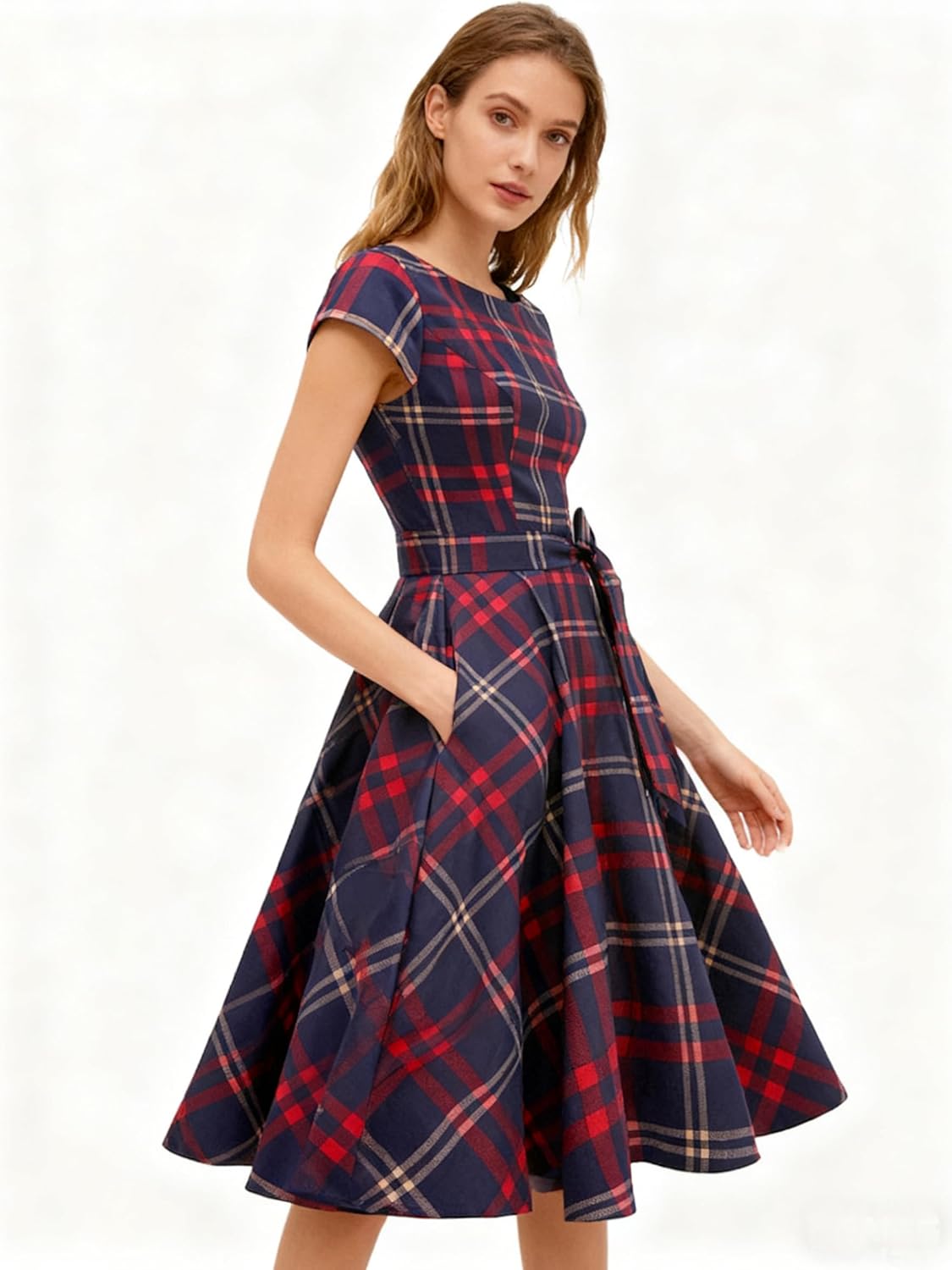 PUKAVT Women's 1950 Boatneck Cap Sleeve Vintage Swing Cocktail Party Dress with Pockets - Image 4