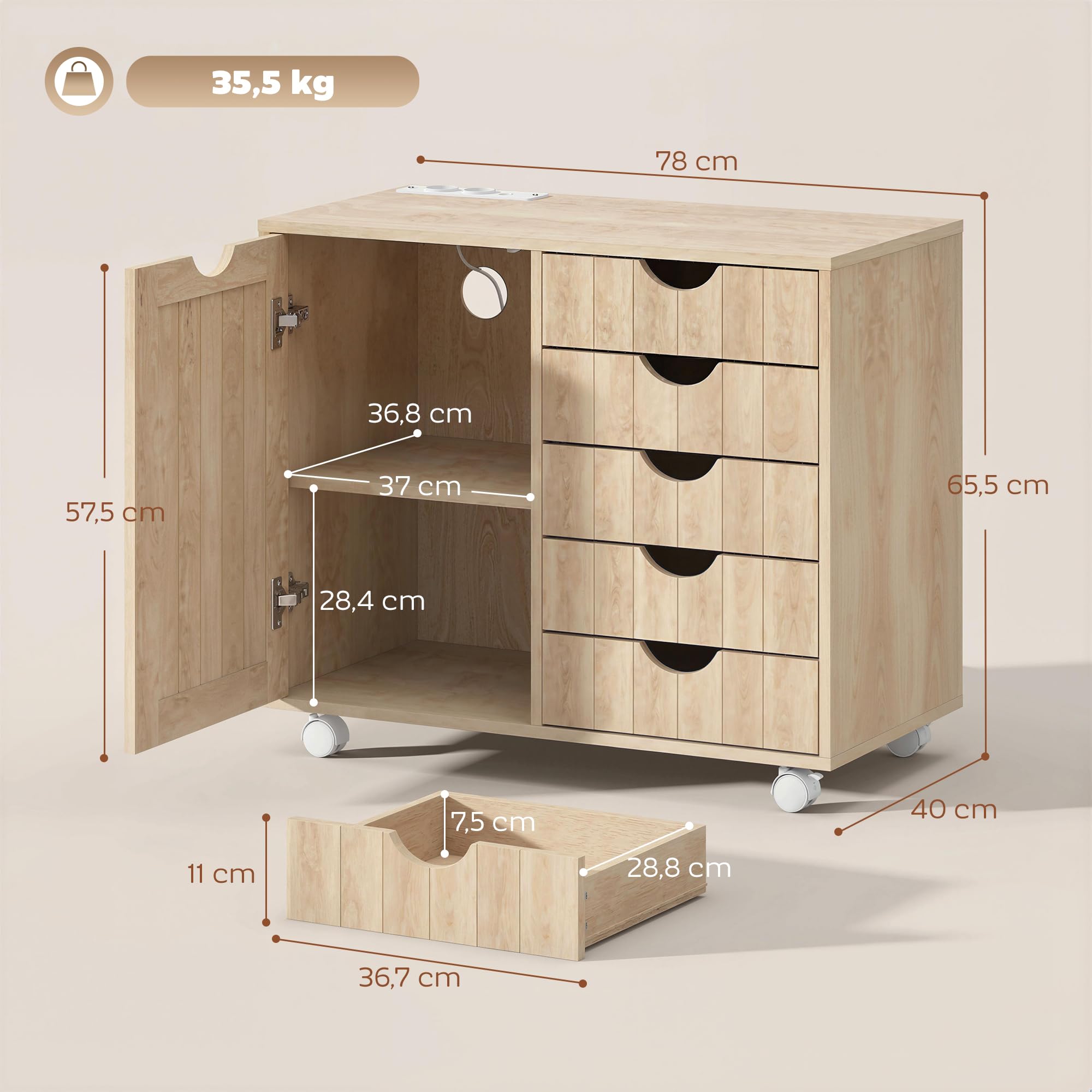 HOMCOM Mueble para Impresora con Estación de Carga y Ruedas, Soporte para Impresora, Cajonera para Escritorio con 5 Cajones, Puertos USB, Estante Ajustable para Archivador, Oficina en Casa, Natural