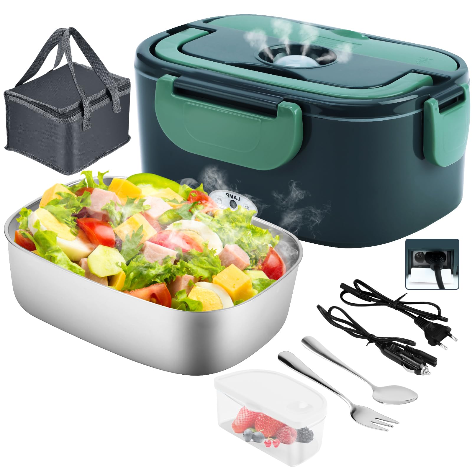 Lunch Box Elettrico Portatile 4 in 1 12V/24V/110V/220V 1.5L 60W Acciaio Inox Auto Camion Ufficio