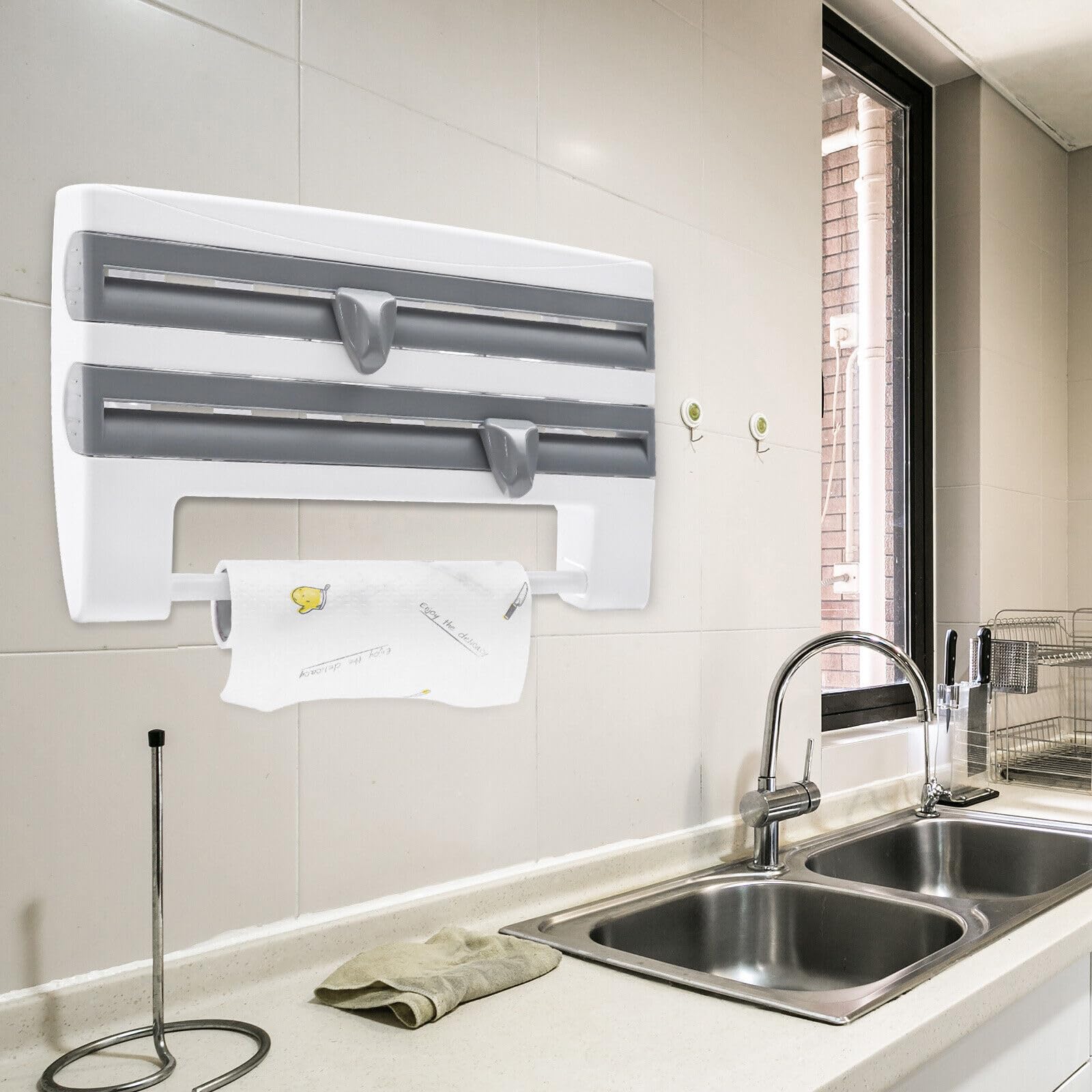 Portarotolo da parete 4 in 1, da parete, con ripiano, dispenser per rotoli da cucina, senza foratura, per pellicola e rullo da cucina