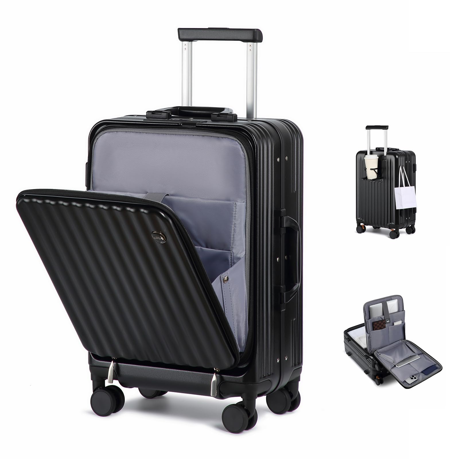Sea choice Handgepäck Koffer Hartschalen-Reisekoffer aus PC mit Front Laptopfach Rollkoffer USB-Anschluss mit 8 Spinner Rädern TSA Schloss und Getränkehalter