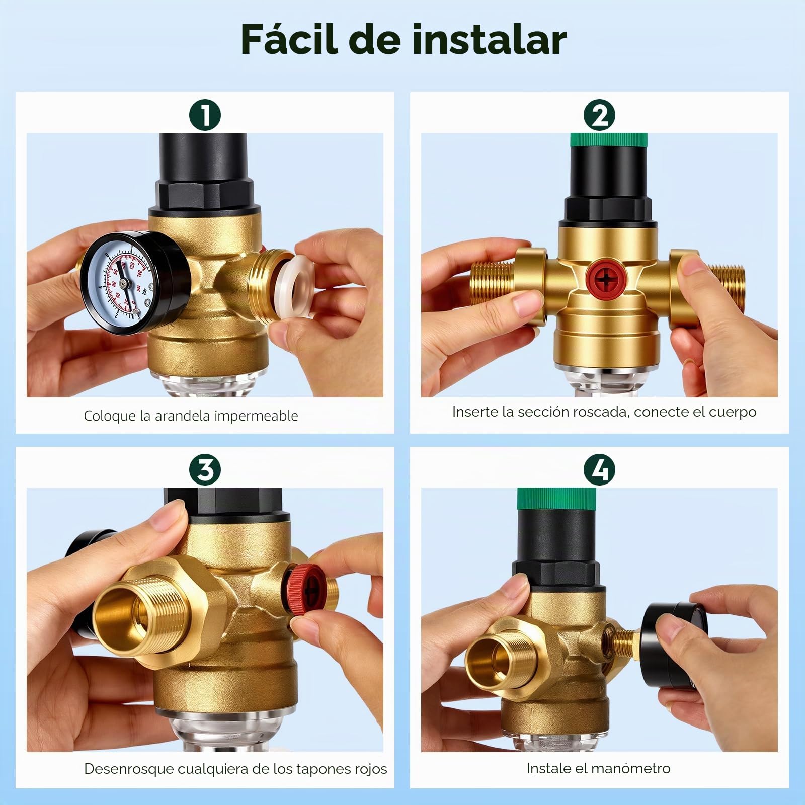 Reductor de Presión de Agua de 3/4 Pulgadas, Regulador de Presión de Agua de Latón con Manómetro y Filtro, Reductor de Presión de Agua Ajustable para Residencias, Jardín, Edificios y Fábricas