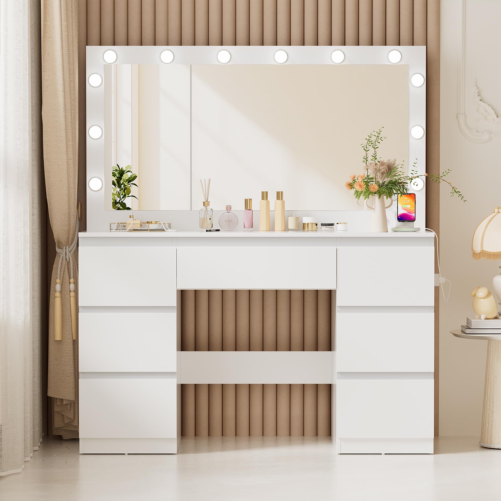 TRIUMPHKEY Tocador de Maquillaje con Luz Espejo Grande y Enchufes, 12 Luces LED Ajustables, Mesa de Maquillaje con 7 Cajones y Organizador de Joyas, 120x40x140 CM Moderno Blanco