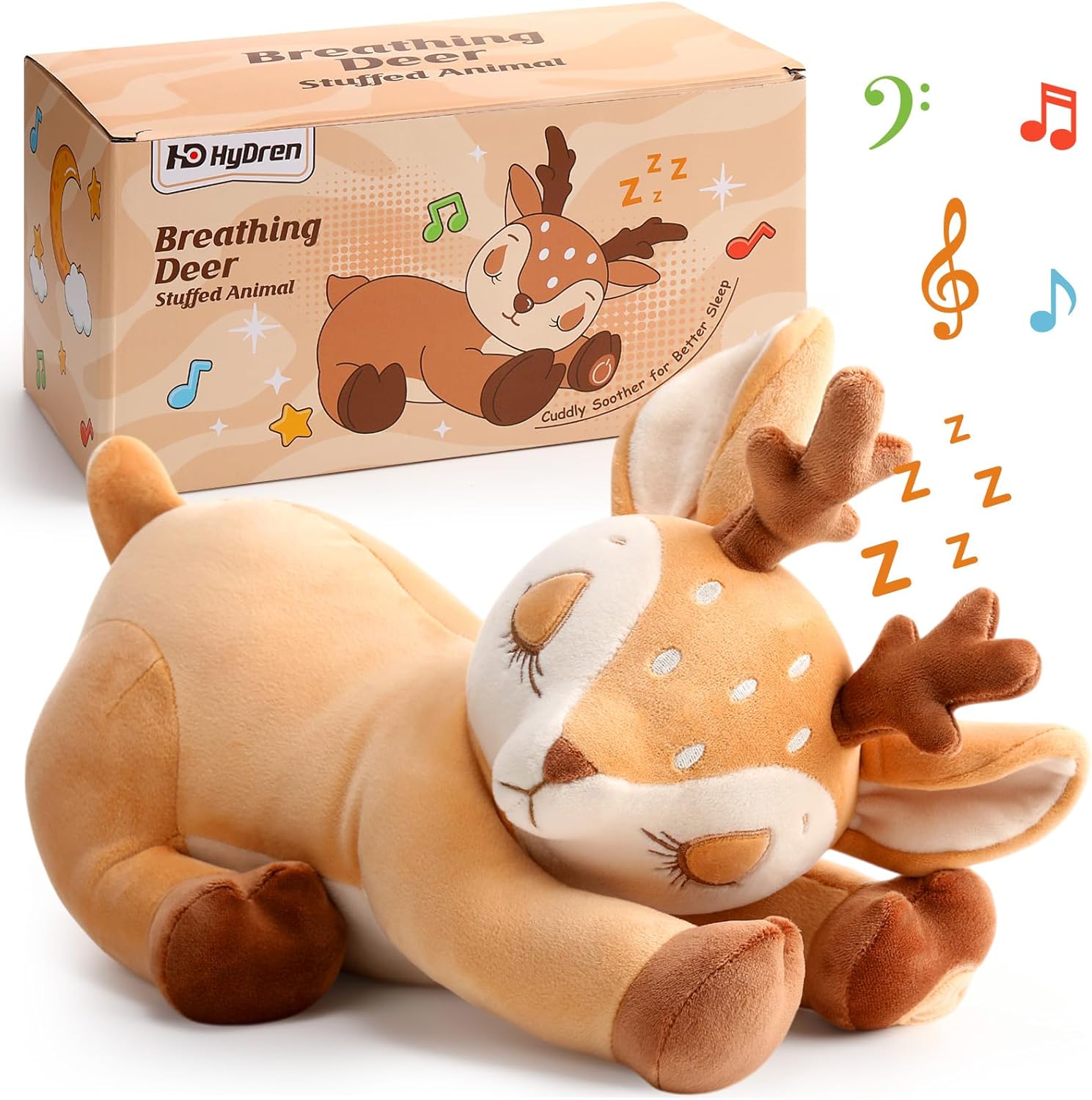 HyDren Breathing Stuffed Animal Soothing Deer Anxiety Stuffed Animal, Soft Anxiety Plush Toys with Music Lights and Realistic Breathing Motion for Adults Kids Sleep Relaxation Holiday Birthday Gifts