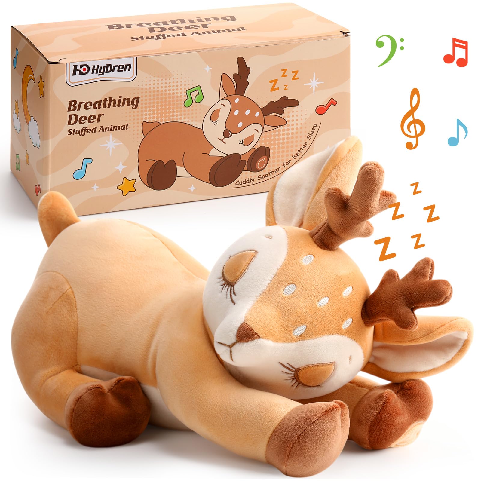 HyDren Breathing Stuffed Animal Soothing Deer Anxiety Stuffed Animal, Soft Anxiety Plush Toys with Music Lights and Realistic Breathing Motion for