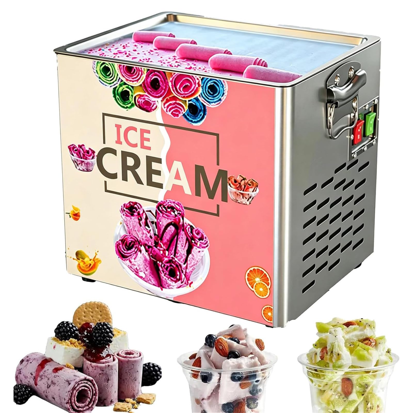 BOOZXCV Instant Fry Ice Cream Machine, Commercial Rolled Frozens Yogurt Ice Cream Machine, Two-Minute Molding, Multi-Hole Heat Dissipation, For Food Trucks