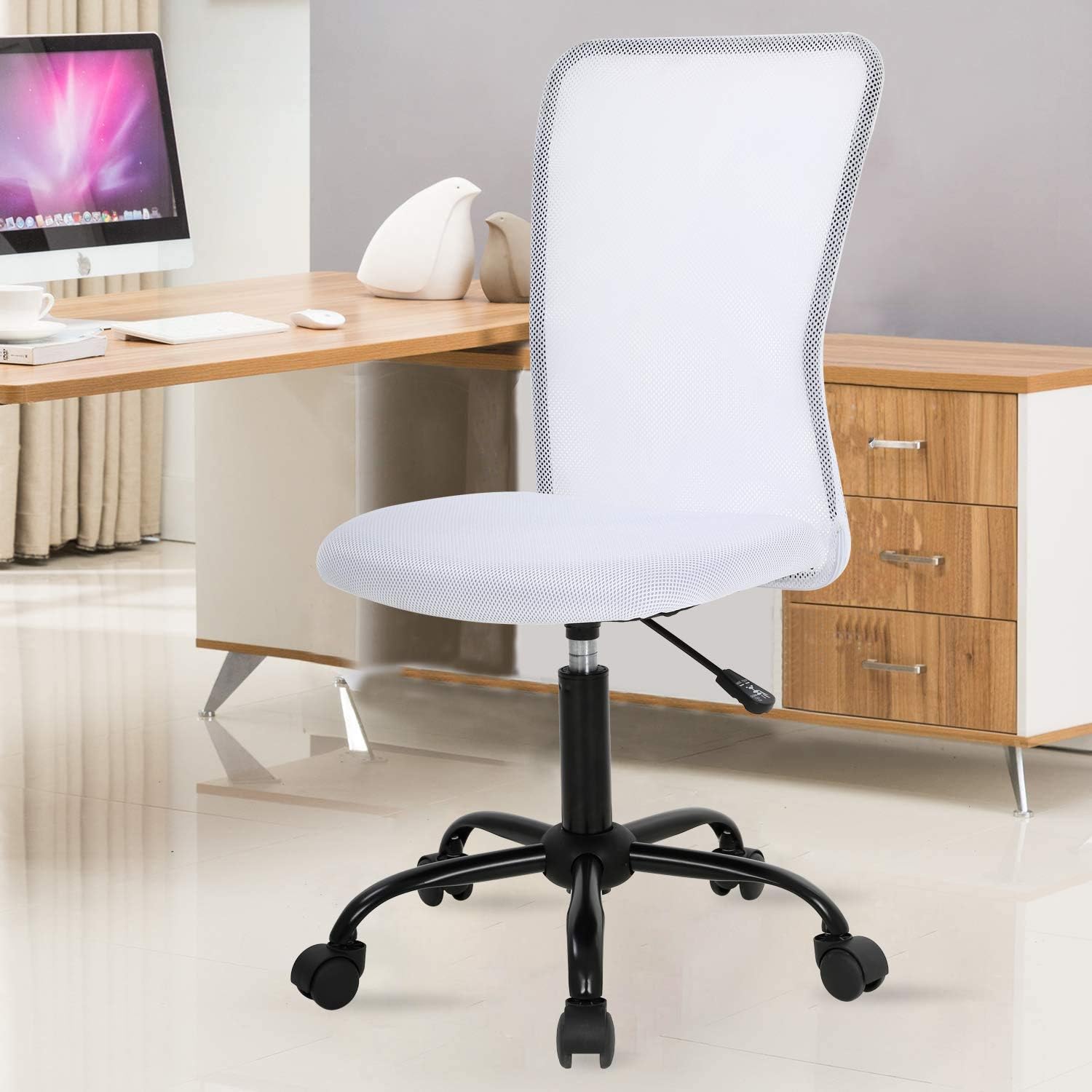 Mesh Office Chair with Lumbar Support, Ergonomic White Desk Chair Back Support, Mesh Computer Chairs No Arms, Adjustable Height Task Rolling Swivel Chairs for Women&Men, White