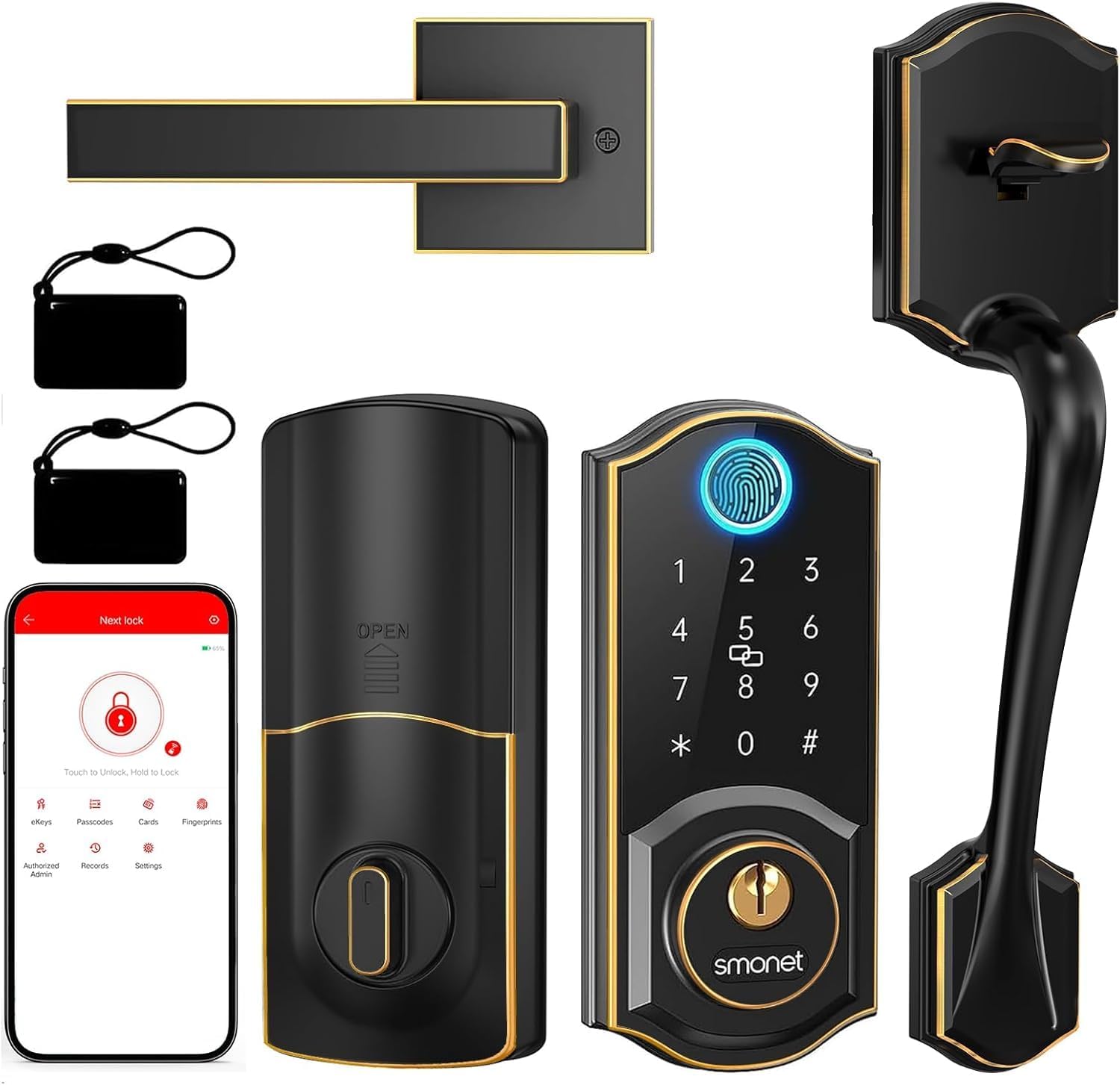 Smart Door Lock with Handle Set: SMONET Front Door Lock Set Keyless Entry, Fingerprint Keypad Bluetooth Alexa Deadbolt Lockset Suitables for Rental Management and Smart Home Residents 