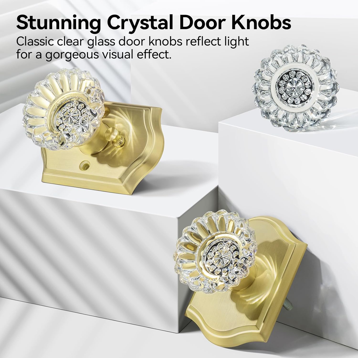 Crystal Door Knobs with Lock, Brushed Gold Glass Door Knobs Interior for Privacy Use, Gold Crystal Door Knobs Interior for Bedroom Bathroom, Vintage Glass Door Knob