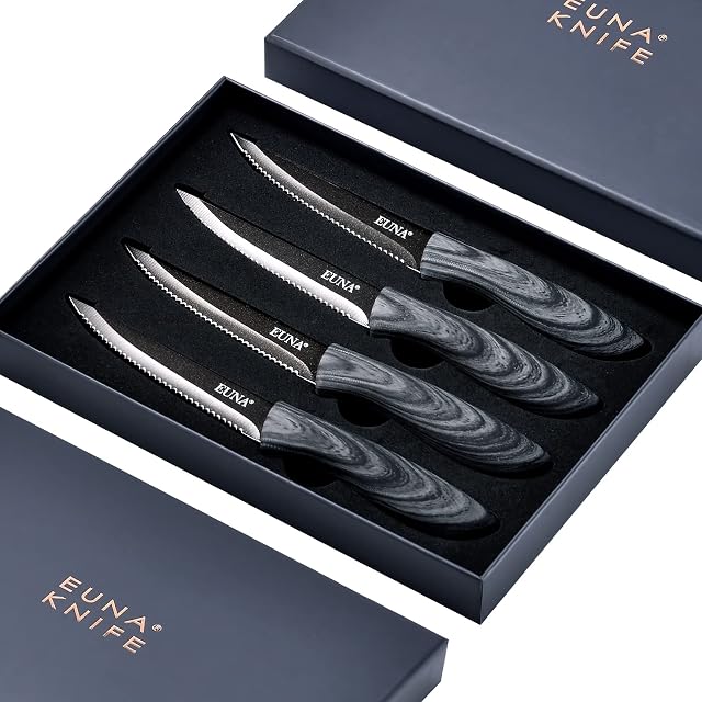 EUNA Steak Knives Set of 4 -Razor Sharp, Steak Serrated Dinner Knives, Steak Knife Set with Gift Box, PP Ergonomic Handle of GreyTexture, Non-Stick Coating, Easy to Wash & Scratch-Resistant