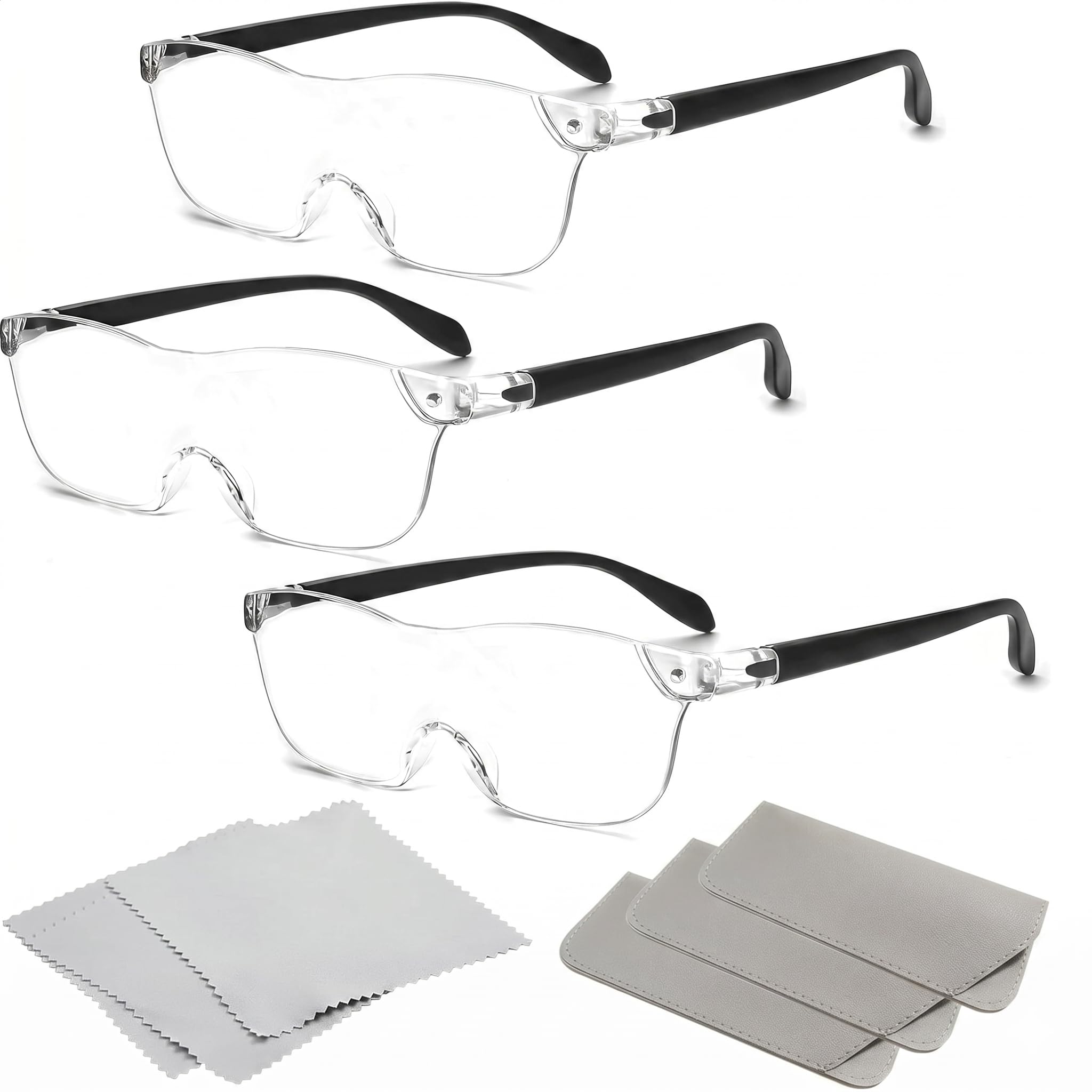3 Pack Magnifying Glasses Set, Rimless Wearable Magnifier for Seniors Reading, Hands-Free Magnifier Eyeglasses with Pouches & Cleaning Cloths for Close Work Craft Hobby