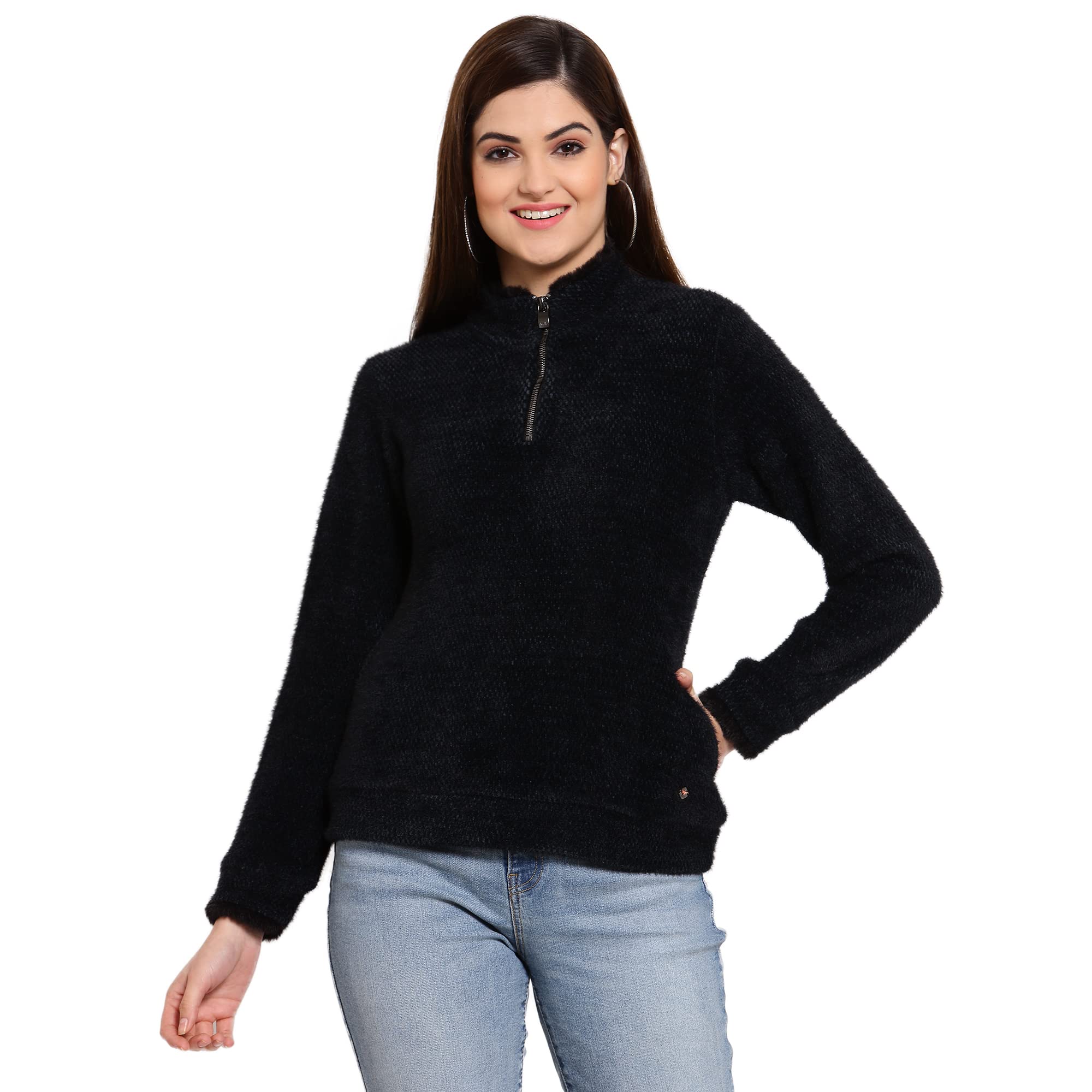 Juelle Women Long Sleeve High Neck Navy Fleece Sweater