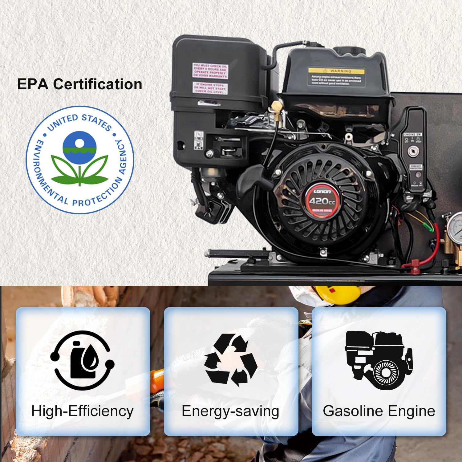 EPA certified gasoline engine, highlighting high-efficiency and energy-saving features