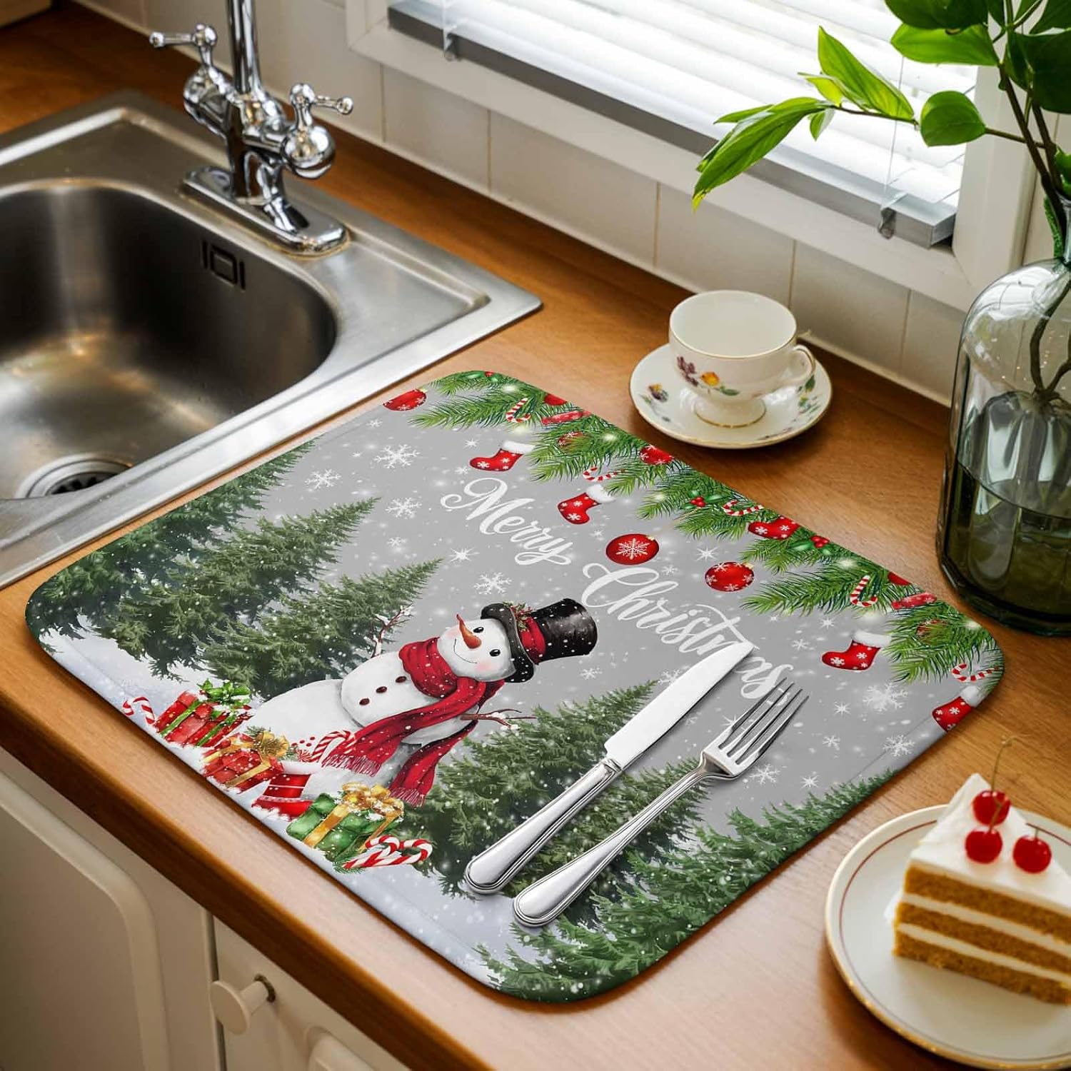 Dish Drying Mat 16 x 18 Inch, Grey Snowman Christmas Absorbent Microfiber Coffee Mats for Kitchen Xmas Tree Pine Cone Snowflake Quick Drying Dish Drainer Pad 2 Pack