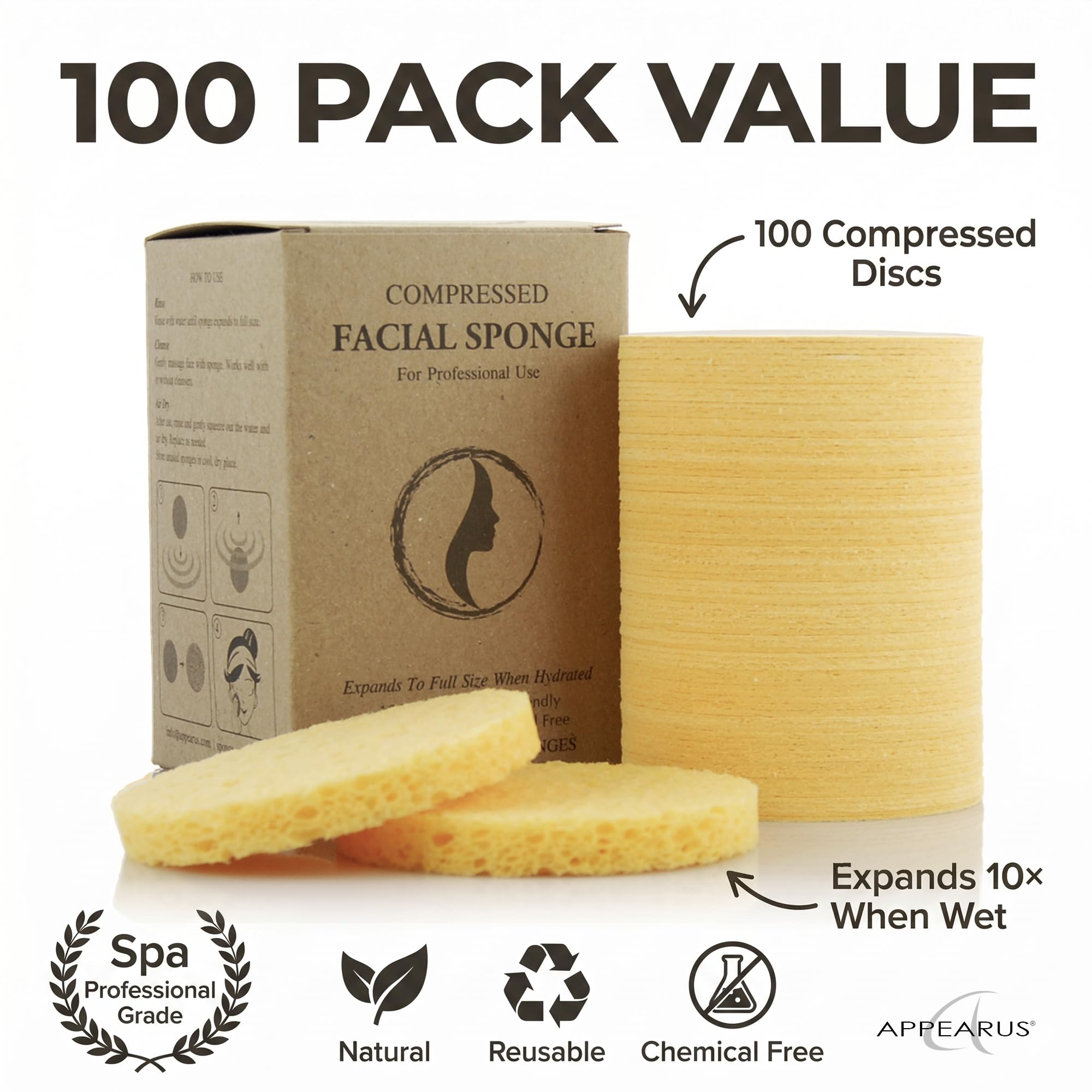 Appearus Natural Cellulose Facial Sponges, 100 Count