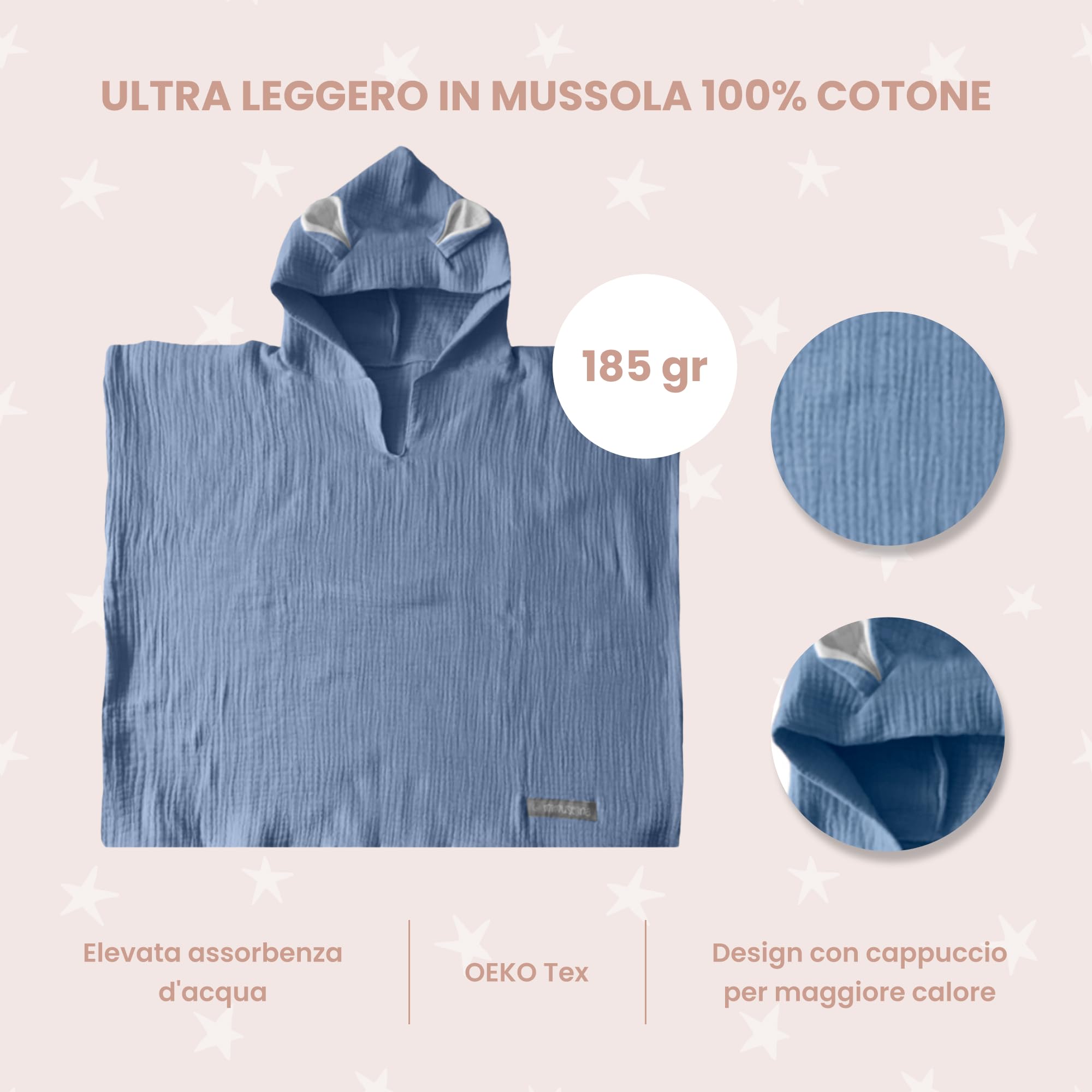 MIMUSELINA Poncho Mare Bambino in Mussola 100% Cotone | Asciuga Senza Strofinare | Accappatoio Neonato Leggero e Assorbente | Uso Quotidiano, Bagno, Mare e Piscina | Prodotto in Spagna | Blu