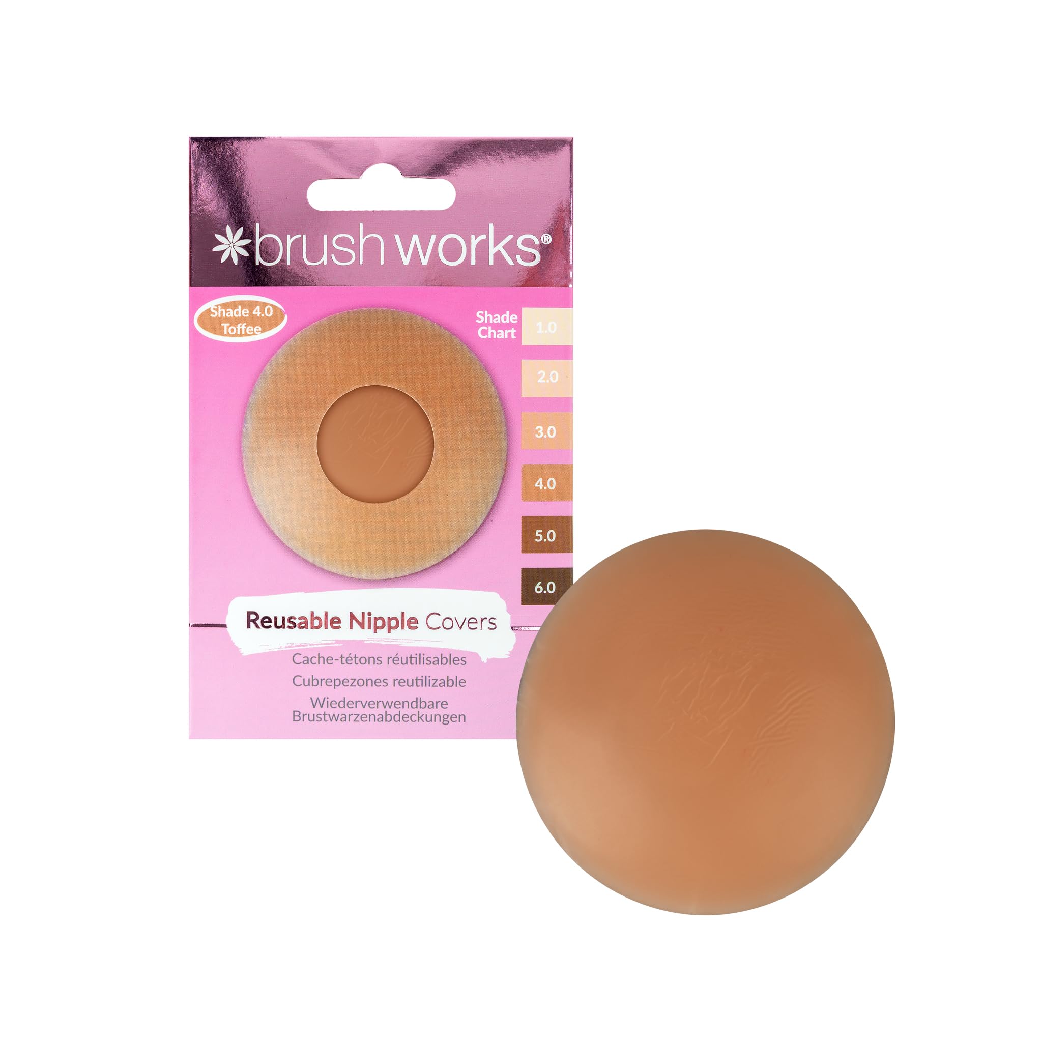 Brushworks Reusable Silicone Nipple Covers (Shade 4.0 - Toffee) - Adhesive Pasties for Invisible Coverage Under T Shirts, Crop Tops & Backless Dresses, Vegan & Cruelty Free Beige