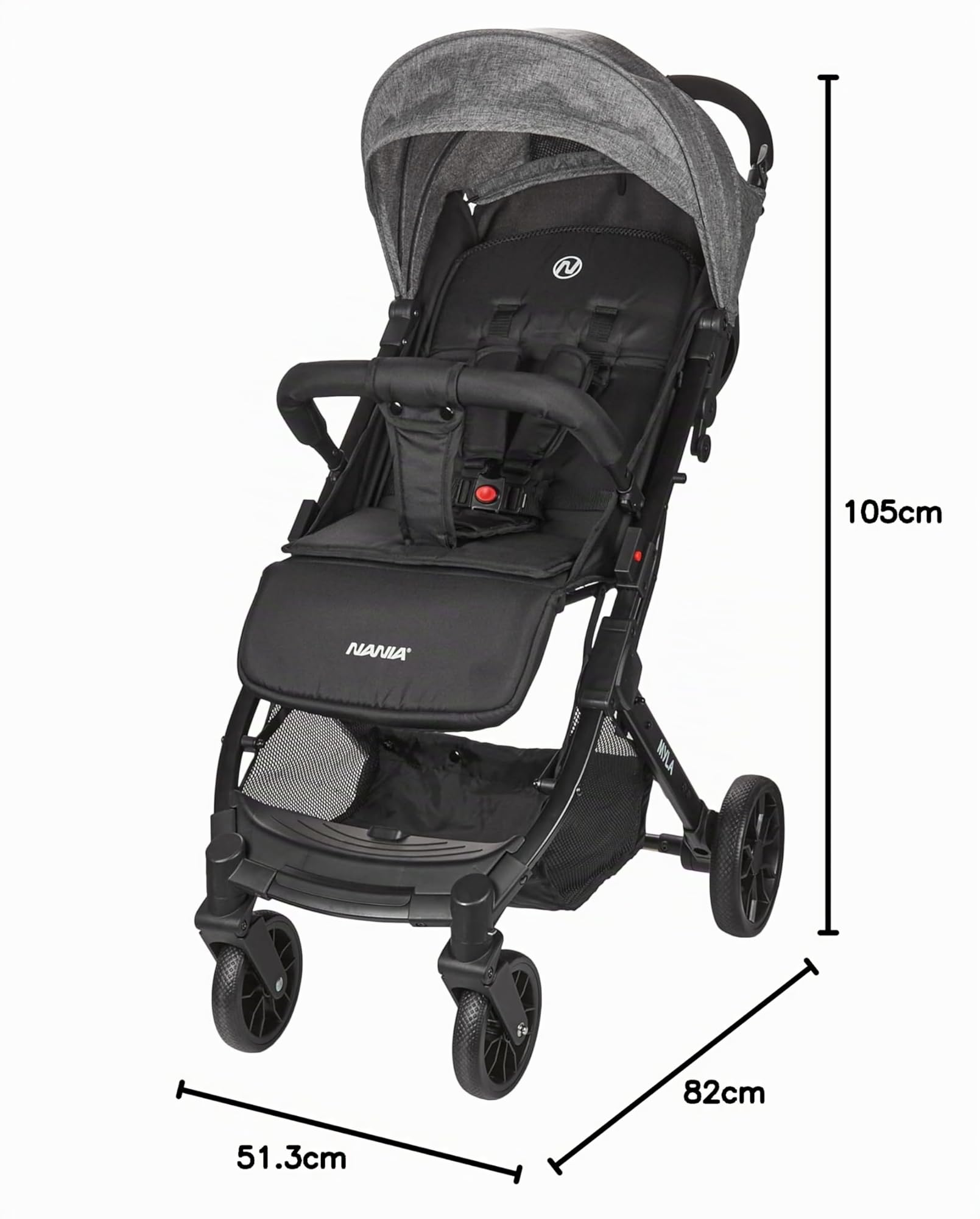 Nania Myla, cochecito compacto de caña reclinable con una mano, gran cesta, trolley, para 0 a 4 años (22 kg máximo), ligero (7,5 kg), cochecito urbano