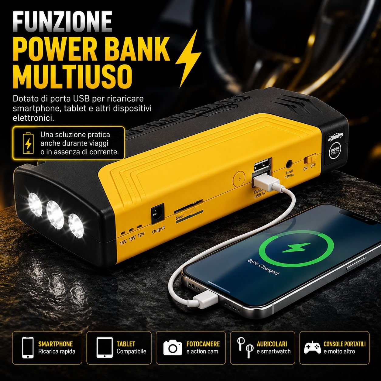 Avviatore Auto Portatile 12V 600A Jump Starter Power Bank 50800mAh con Torcia LED Doppia USB Cavi di Avviamento per Auto Moto SUV Barca Motori Fino a 5L Benzina 3L Diesel