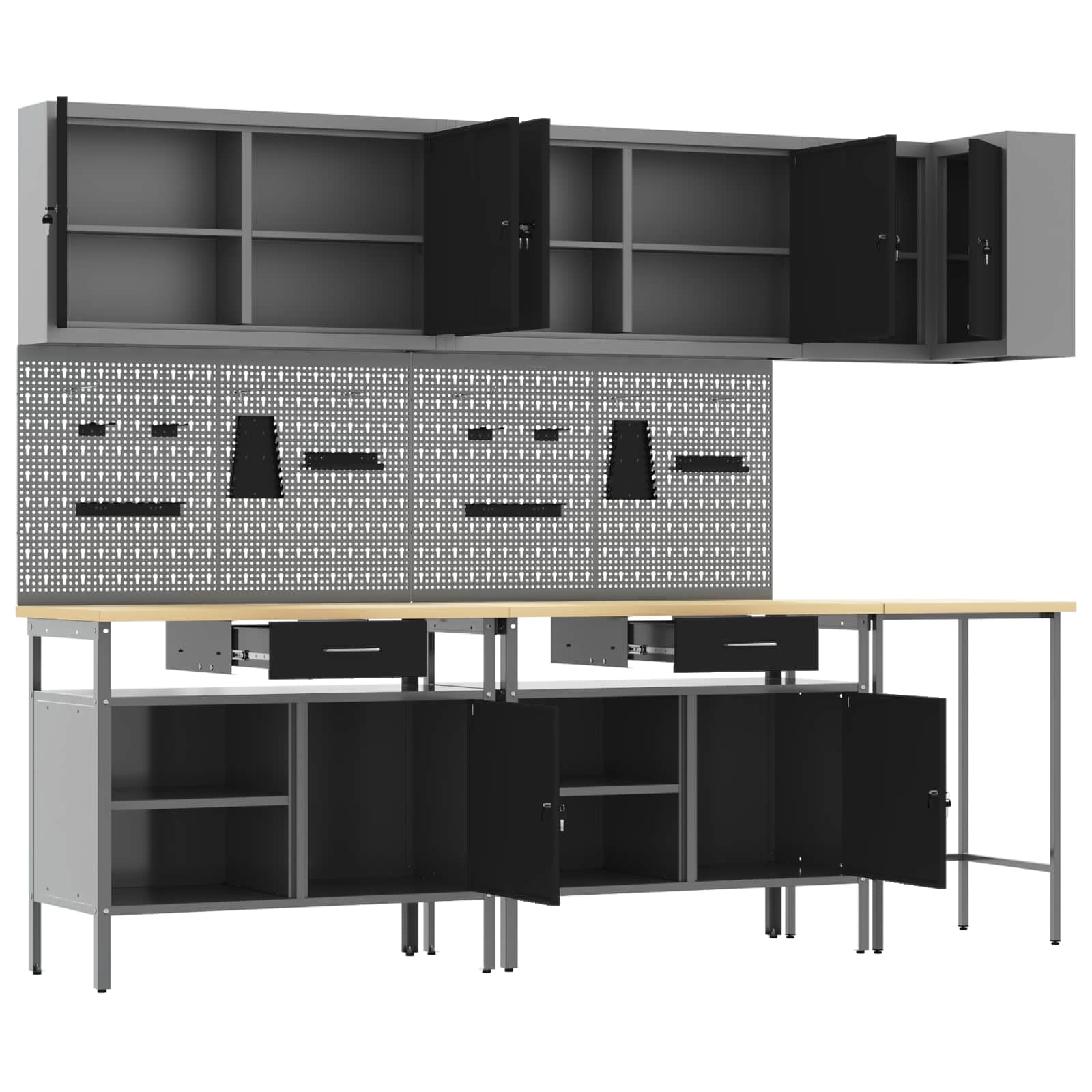 Arbeitsschrankset mit Schubladen 10-teilig Schwarz Grau aus pulverbeschichtetem Stahl und Holzwerkstoff 255x55x220 cm Werkstattwagen mit Werkzeugaufbewahrung und Ordnungssystem für Garage