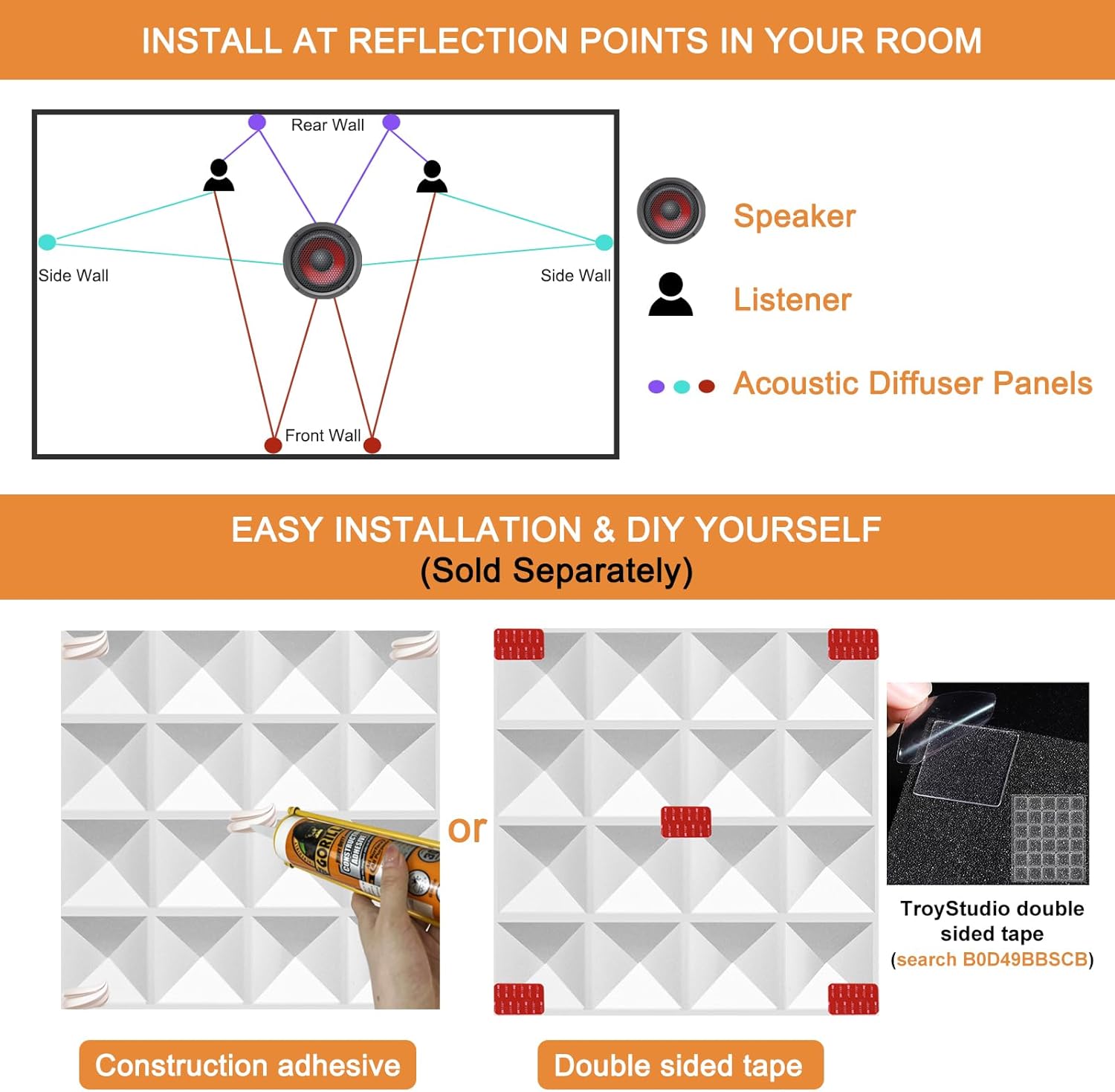 TroyStudio Acoustic Sound Diffuser Panels, 12 X 12 X 1 inches 16 Pcs PVC Plastic Wall Panel, Recording Studio Acoustical Treatments Diffusion panel, 3d Art Decorative Ceiling Tiles (Pyramid, White)
