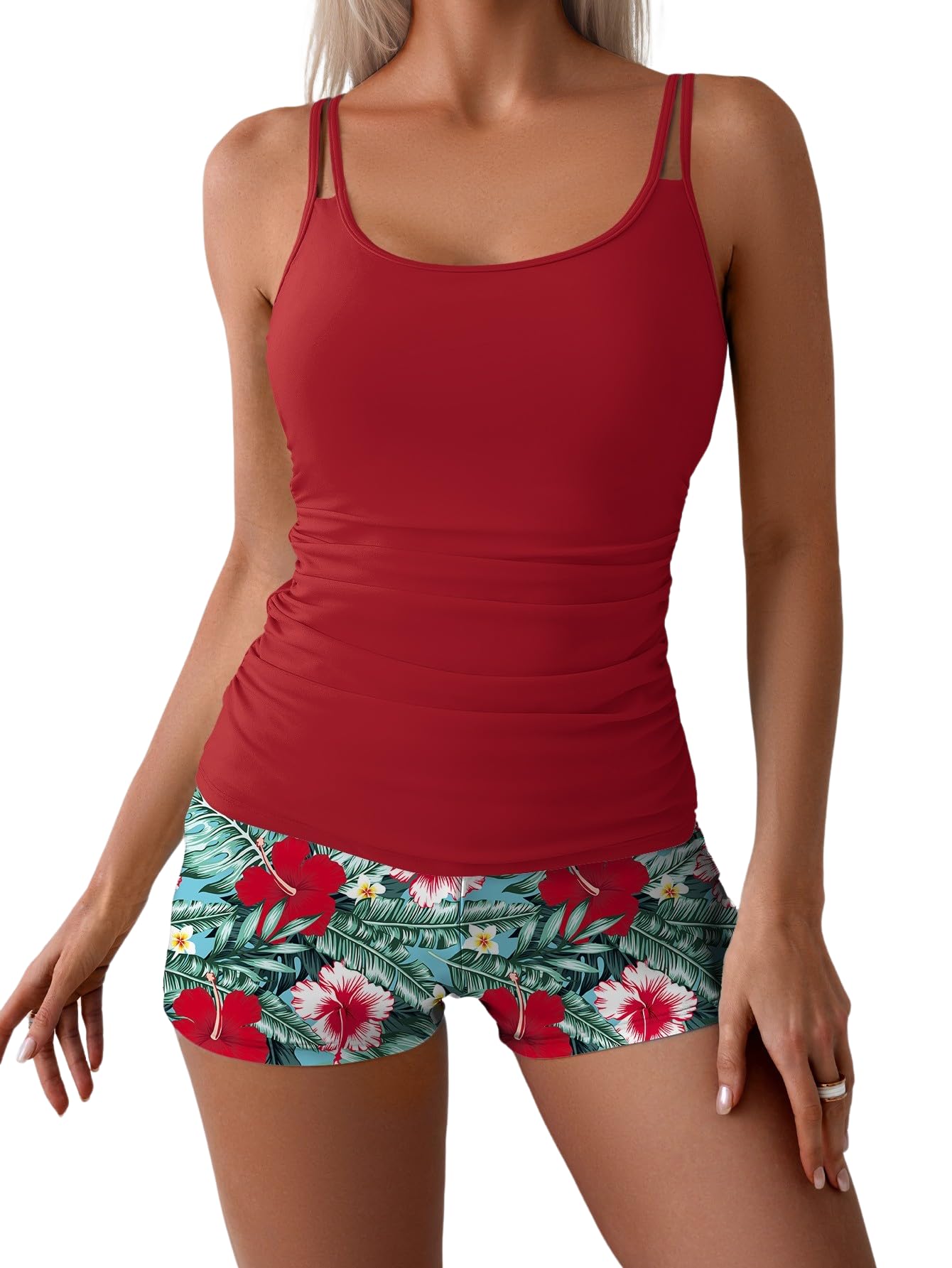 Eomenie Women's Swimsuit Tankini Set Modest Tummy Control Slimming Bathing Suits Two Piece Swim Suit with High Waisted Short