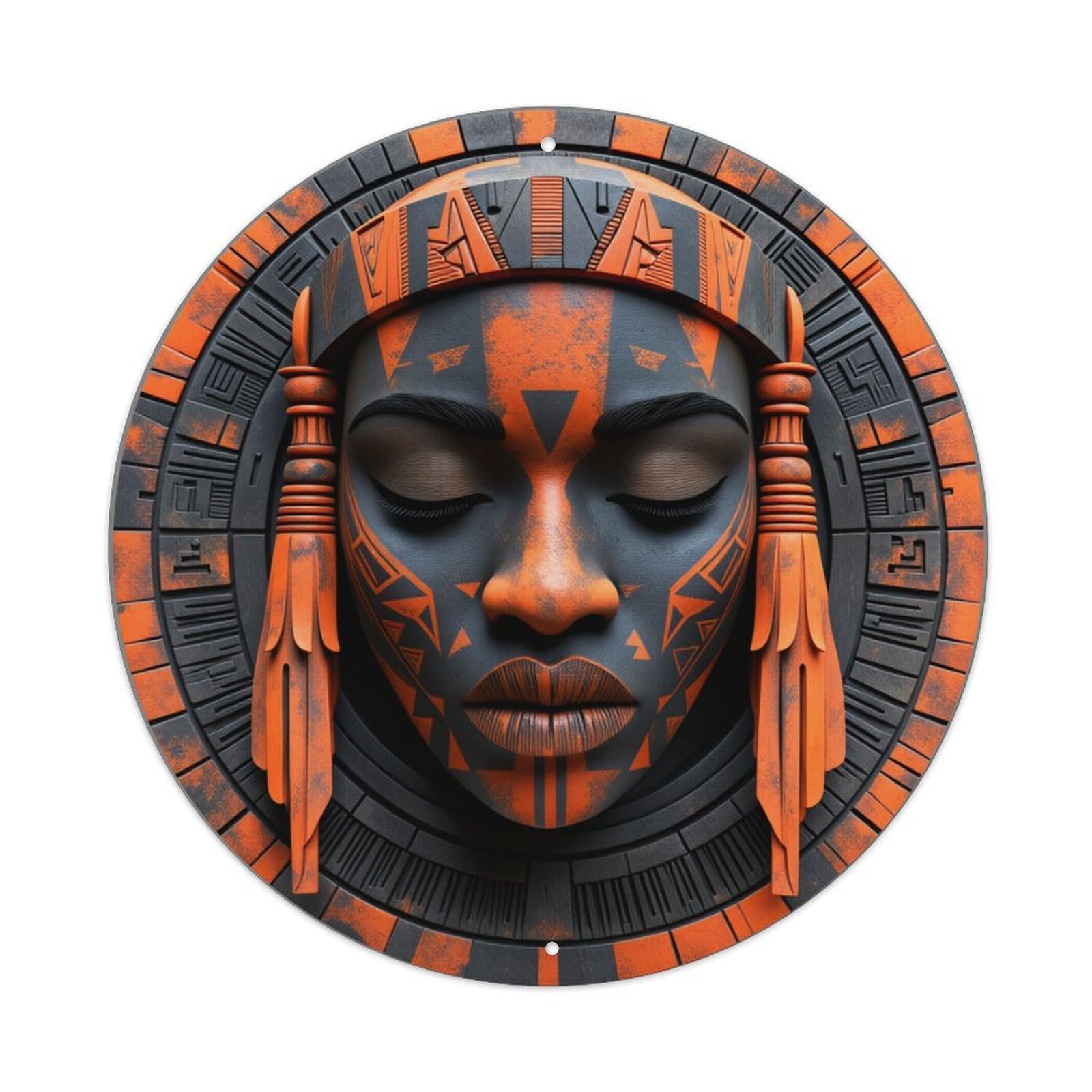 Geometric Tribal Orange Black Pattern Round Tin Sign Vintage Metal Poster, Home Bar Garage Man Cave Cafe Indoor & Outdoor Wall Decoration 8x8Inches