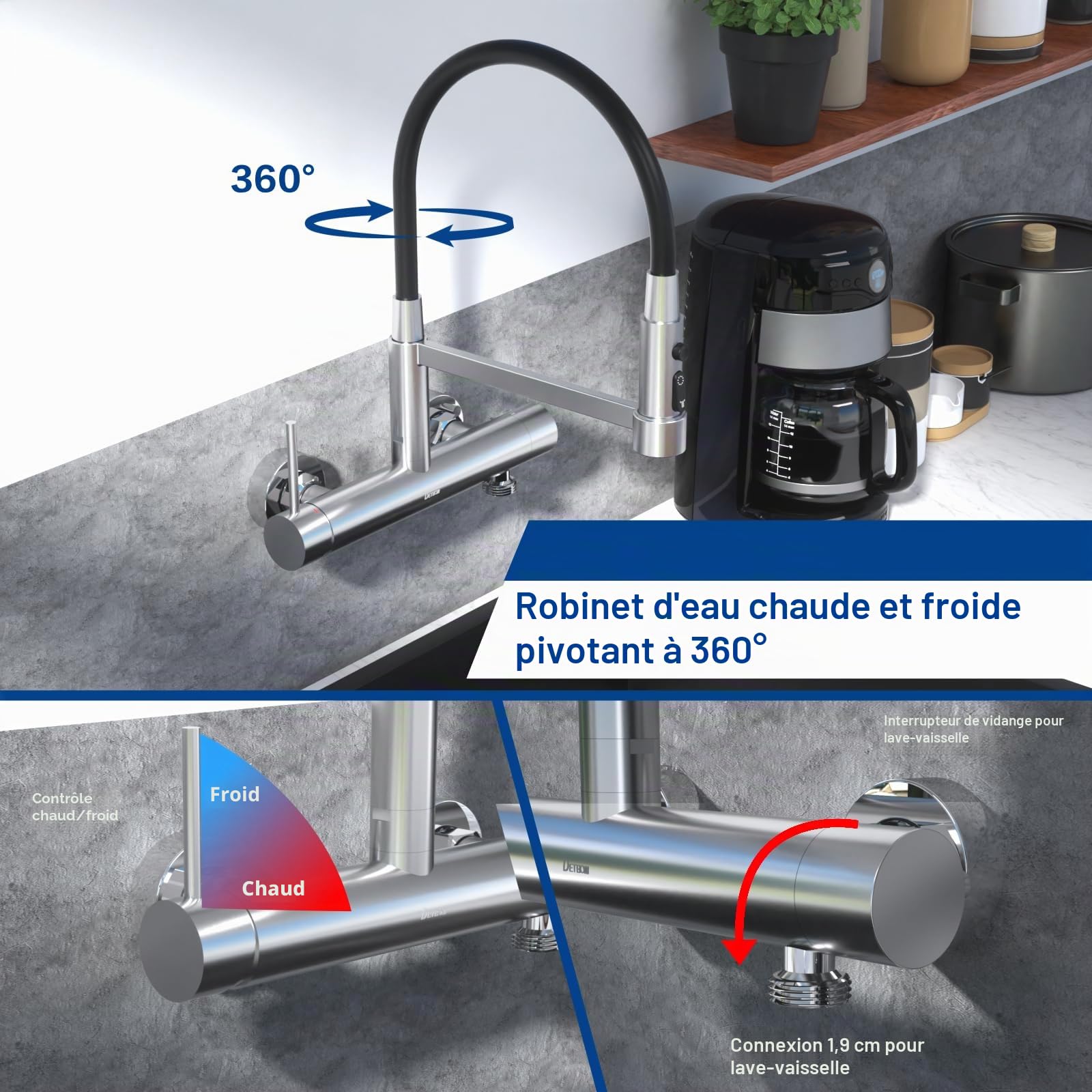 Robinet Cuisine Mural avec Interface 3/4 pour Lave-vaisselle, Argent | 3 Jets d'eau Mitigeur Evier Cuisine, Rotation à 360°, Mitigeur Cuisine Flexible (Hauteur totale 385mm)