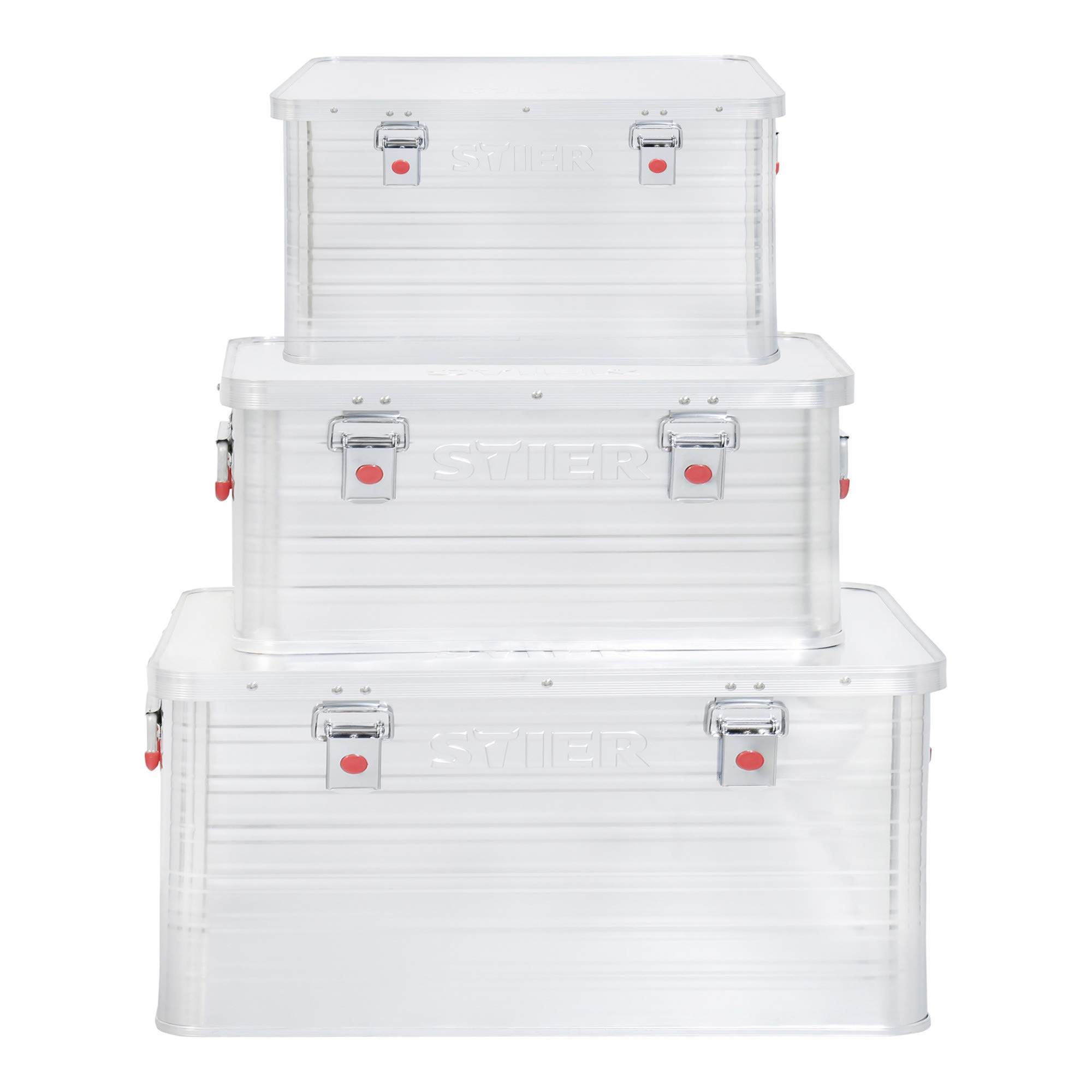 STIER Alubox Set, Aluminiumbox 50L 85L und 135L, stapelbare Transportkisten, Staub- und spritzwasserresistent mit Gummidichtung und Klapphandgriffen, für Transport und Lagerung