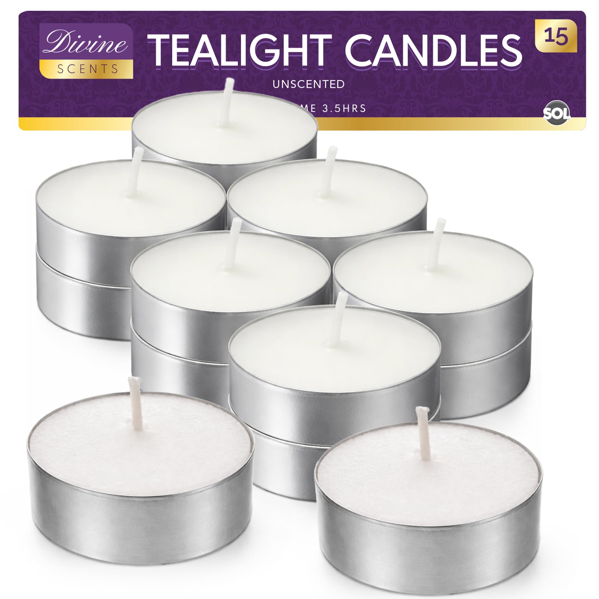 SOL 15pk White Unscented Tea Light Candles Long Burning – 3.5 Hour Burn