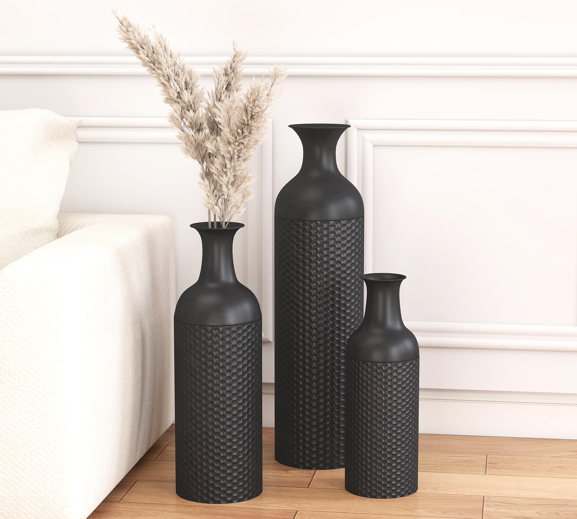 Bimiti Bodenvase Set Aus Metall - 3 Vasen (68/51/41 Cm), Schwarz Matt, Für Wohnzimmer & Deko