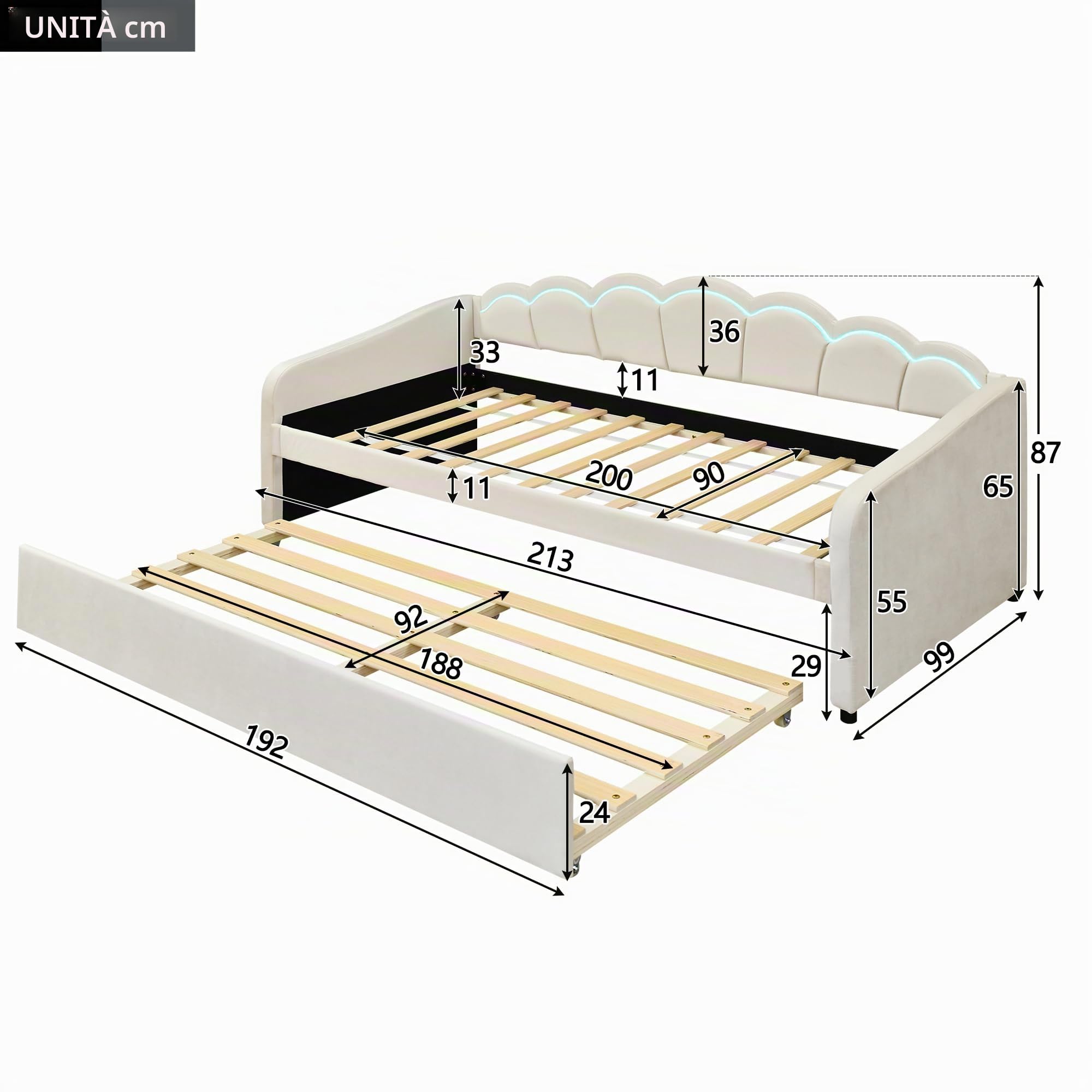 Letto da giorno, 90 x 200 cm, con letto estraibile, divano letto, letto singolo, velluto, luce ambientale che cambia colore, senza materasso (Beige)
