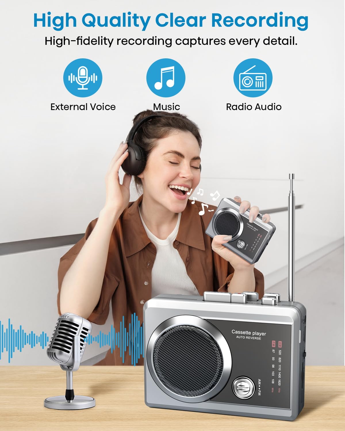 Tragbarer Kassettenrekorder-Player und AM/FM-Radio, kompakter Kassettenspieler mit 3,5-mm-Kopfhöreranschluss, integriertem Lautsprecher, Batterie-/USB-betrieben