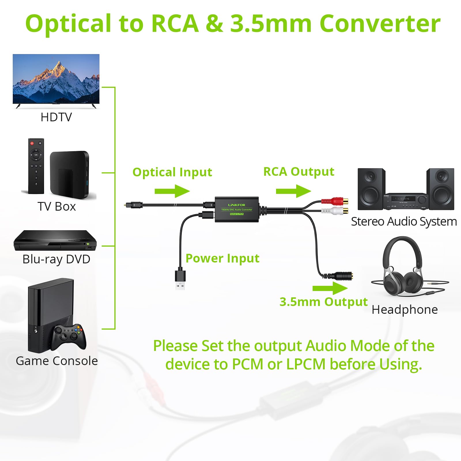 LiNKFOR 192 KHZ DAC Przetwornik z 1m kablem optycznym Konwerter z optycznego na RCA 3,5 mm Wbudowany układ wzmacniacza audio Przetwornik audio optyczny analogowy 3,5 mm do HDTV Blu Ray HD DVD TV