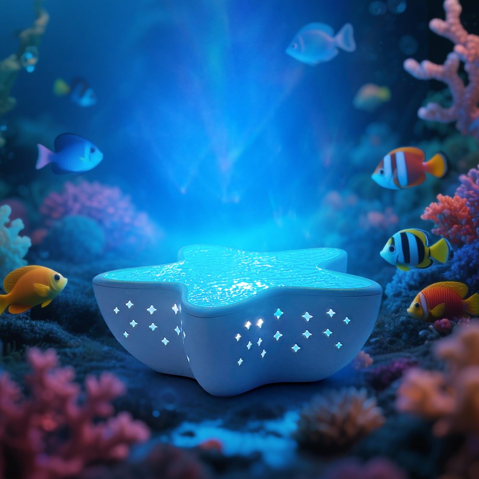 AmmToo Proyector LED de cielo estrellado con efecto aurora y luz de ondas de agua – Lámpara nocturna regulable para niños y adultos, estrella de mar decorativa, luz ambiental recargable por Type-C