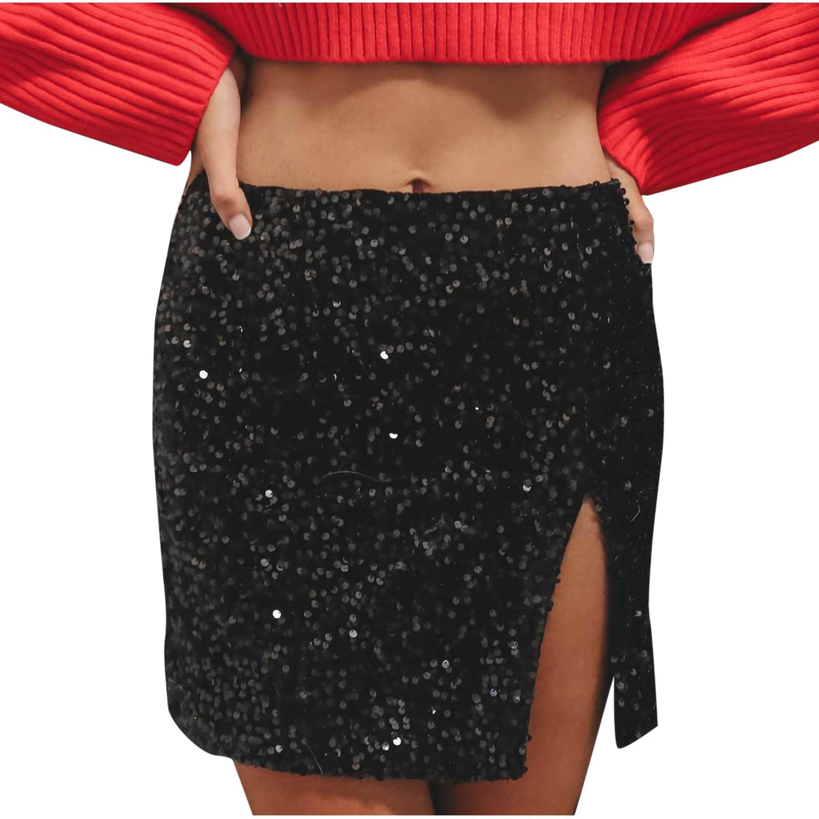 Sequin Skirt for Women Stretchy Bodycon Side Split Short Skirts Fashion Night Out Party Shinny Sparkly Mini Skirts Black