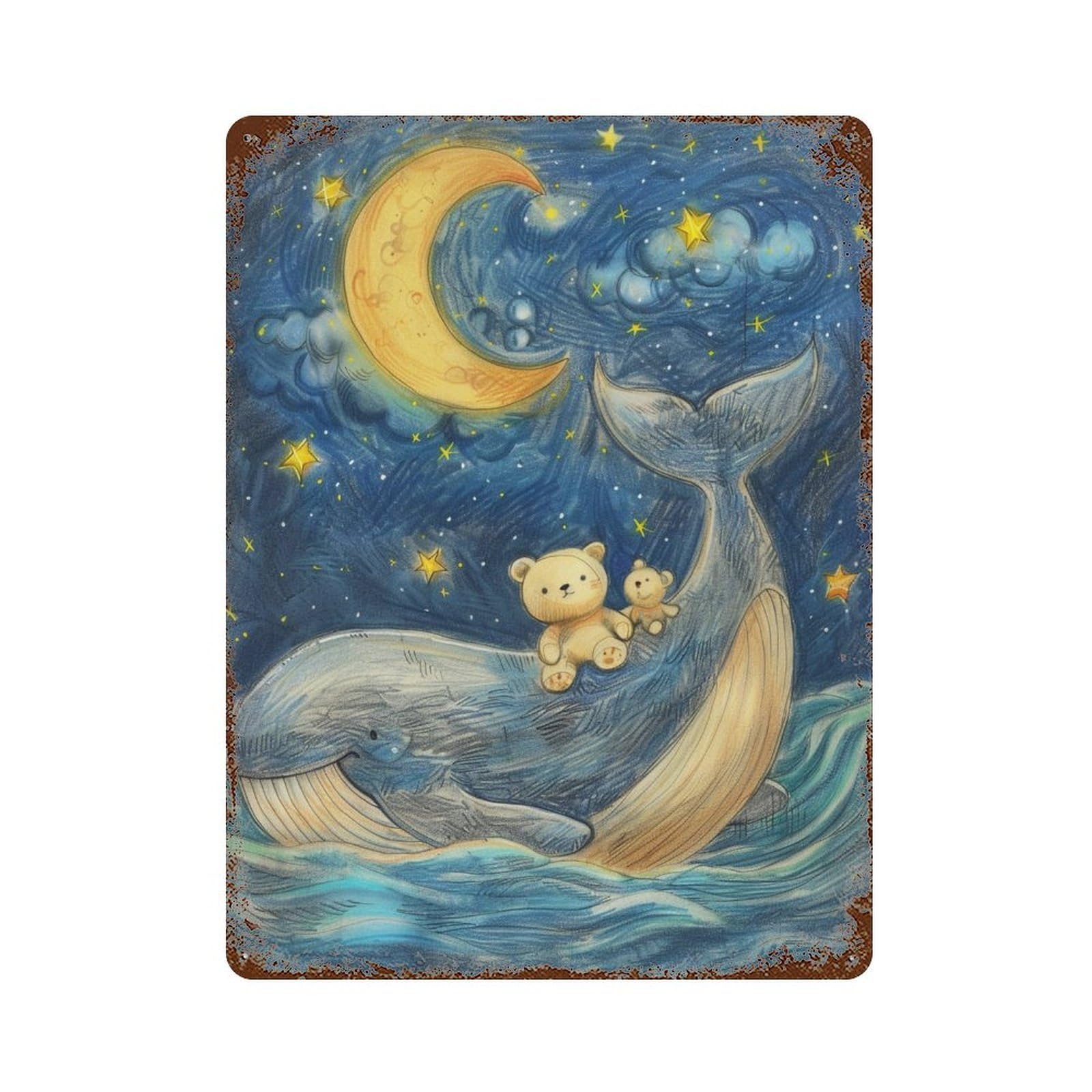 Whale Tail Teddy Bear Night Sky Weathered Tin Sign 15.7"x11.8", Classic Wall Plaque for Garage, Bar And Workshop Decor
