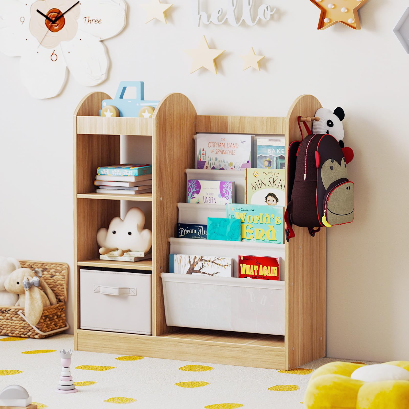 COSTWAY Librería Infantil, Estantería Infantil para Libros con Espejo de Cuerpo Entero, Cajón y Estantes de Tela de 4 Niveles, Librería Montessori para Sala de Juegos para Niños de 3+ Años (Natural)