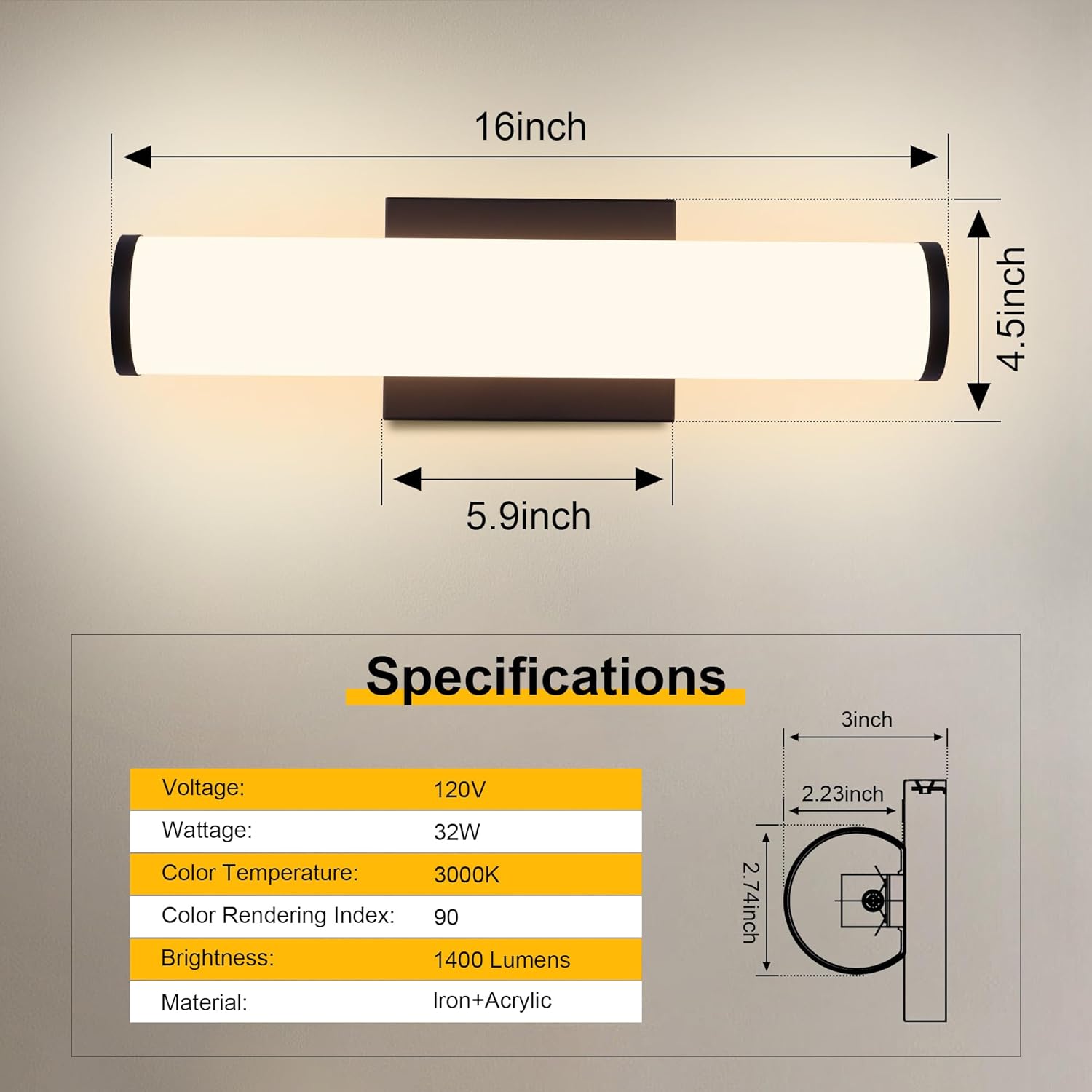 Kalium 16in Modern Wall Sconces, Dimmable Bathroom Vanity Lights, 3000K Warm White LED Indoor Sconces Lighting for Bathroom, Stairs, Living Room, Bedroom. Hardwired.