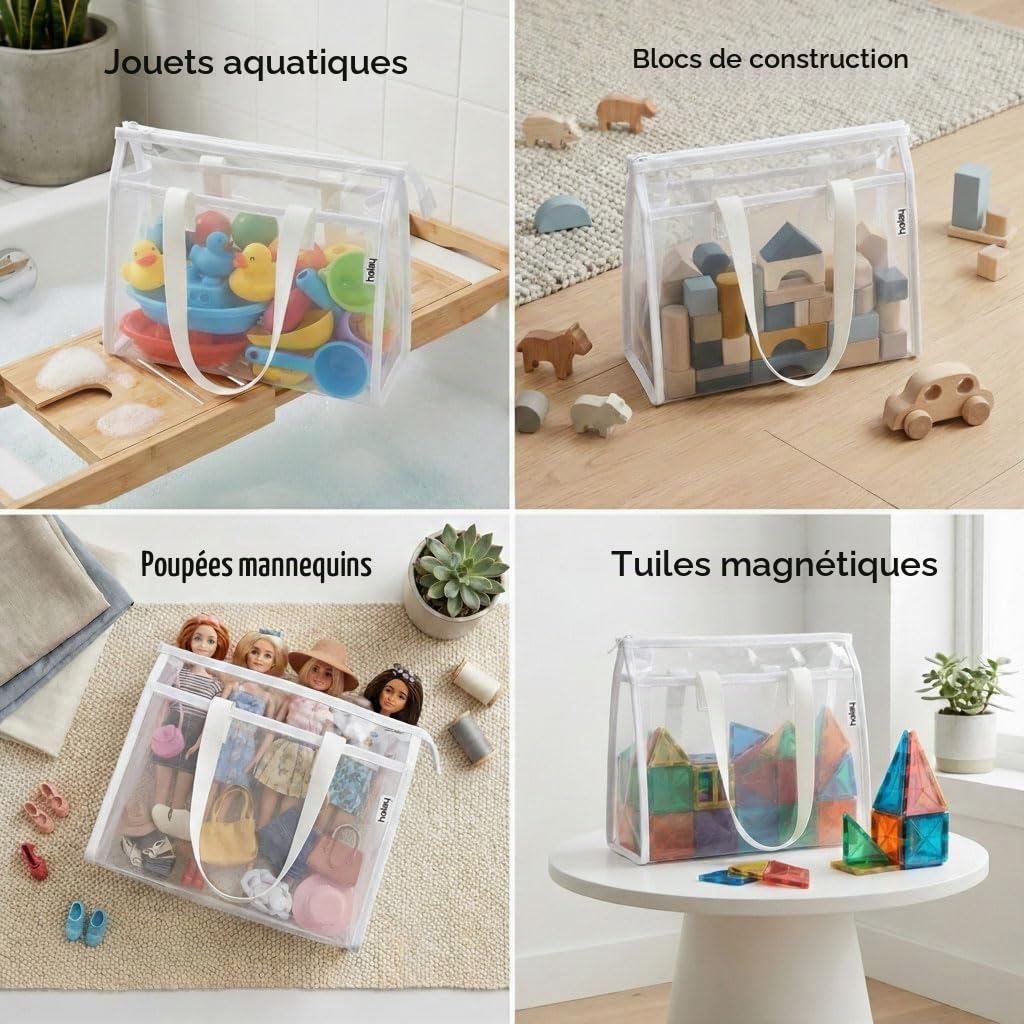 HOLAY Lot de 4 Sacs de Rangement Transparents pour Jouets avec Poignée – Organisateur Salle de Jeux pour Jouets, Jeux de Société & Fournitures Scolaires, PVC Transparent & Base Renforcée (Blanc, XL)