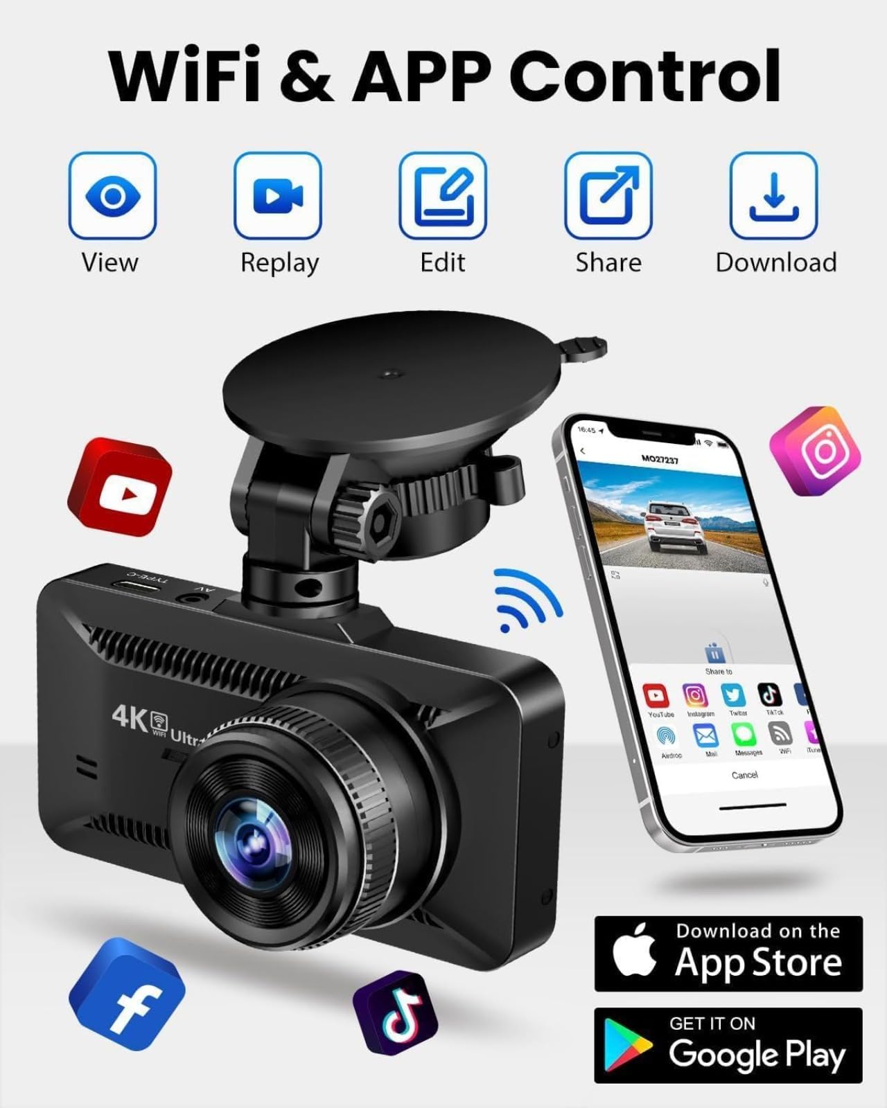 Oryzom Dashcam 4K Pro Enregistrement Ultra HD caméras Avant/arrière Capteur G WDR Vision Nocturne Surveillance 24h/24 1080P 32Go