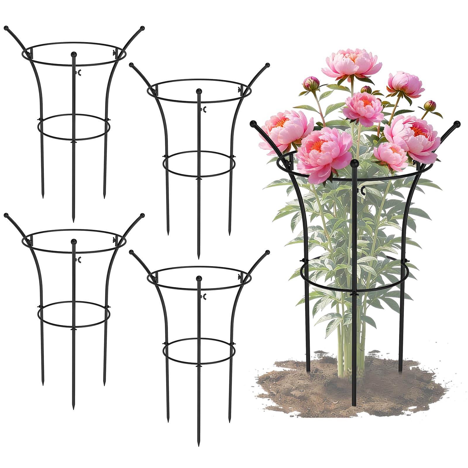 Photo 1 of 4 Pack Peony Cages and Supports, 12.5" Dx24 H Plant Supports for Outdoor Plants, Double-Ring Metal Peony Support Cage, Natural Bouquet Shape Plant Support Rings for Rose Tomato Hydrangea Strawberry