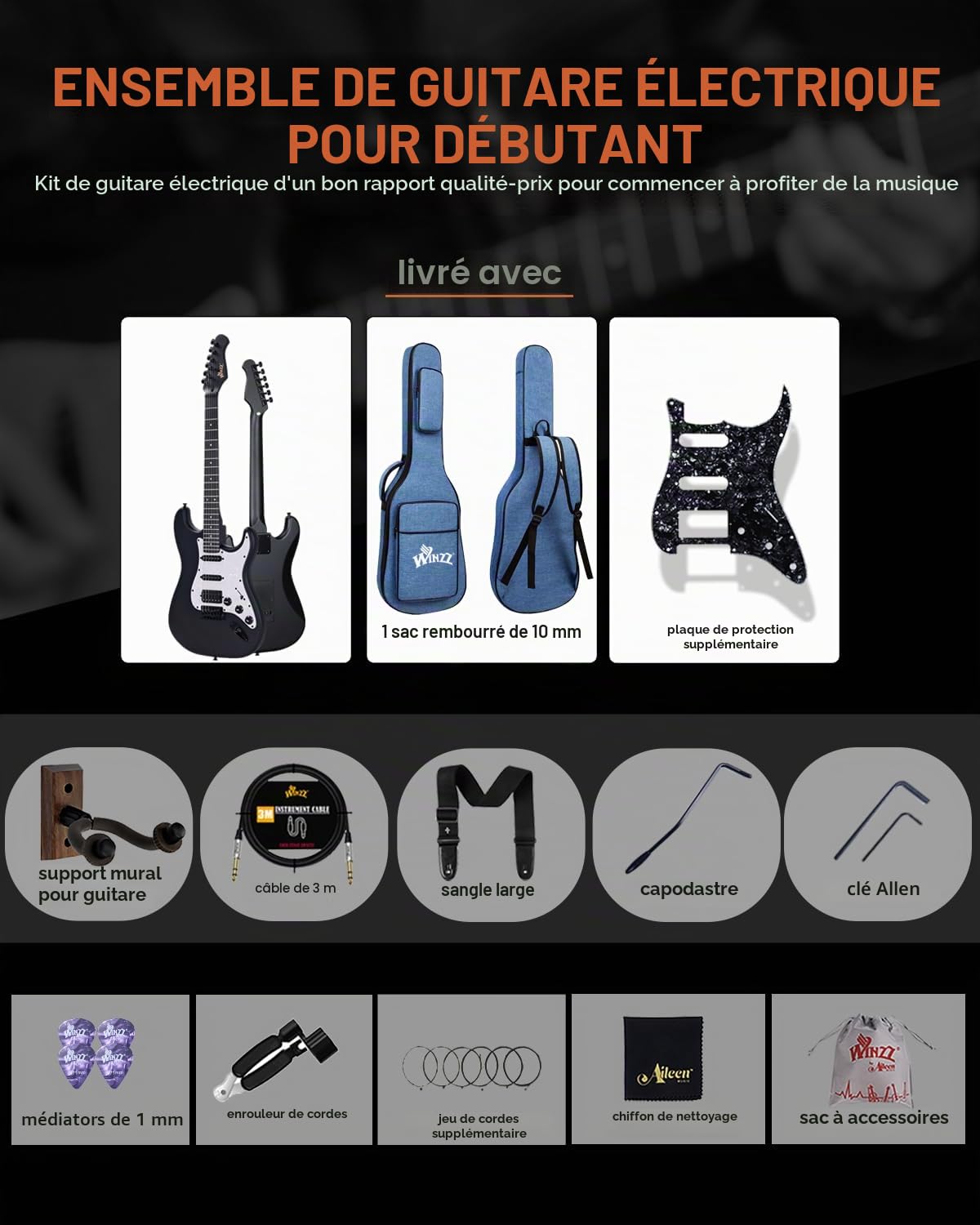 Winzz Guitare Électrique Adulte 4/4 Taille Pleine, Micro HSS, Guitare Électrique ST Kit pour Débutants, Enfants 12+ Ans Starter Pack avec 12 Accessoires (39" Matte Noir, Pickguard Blanc)