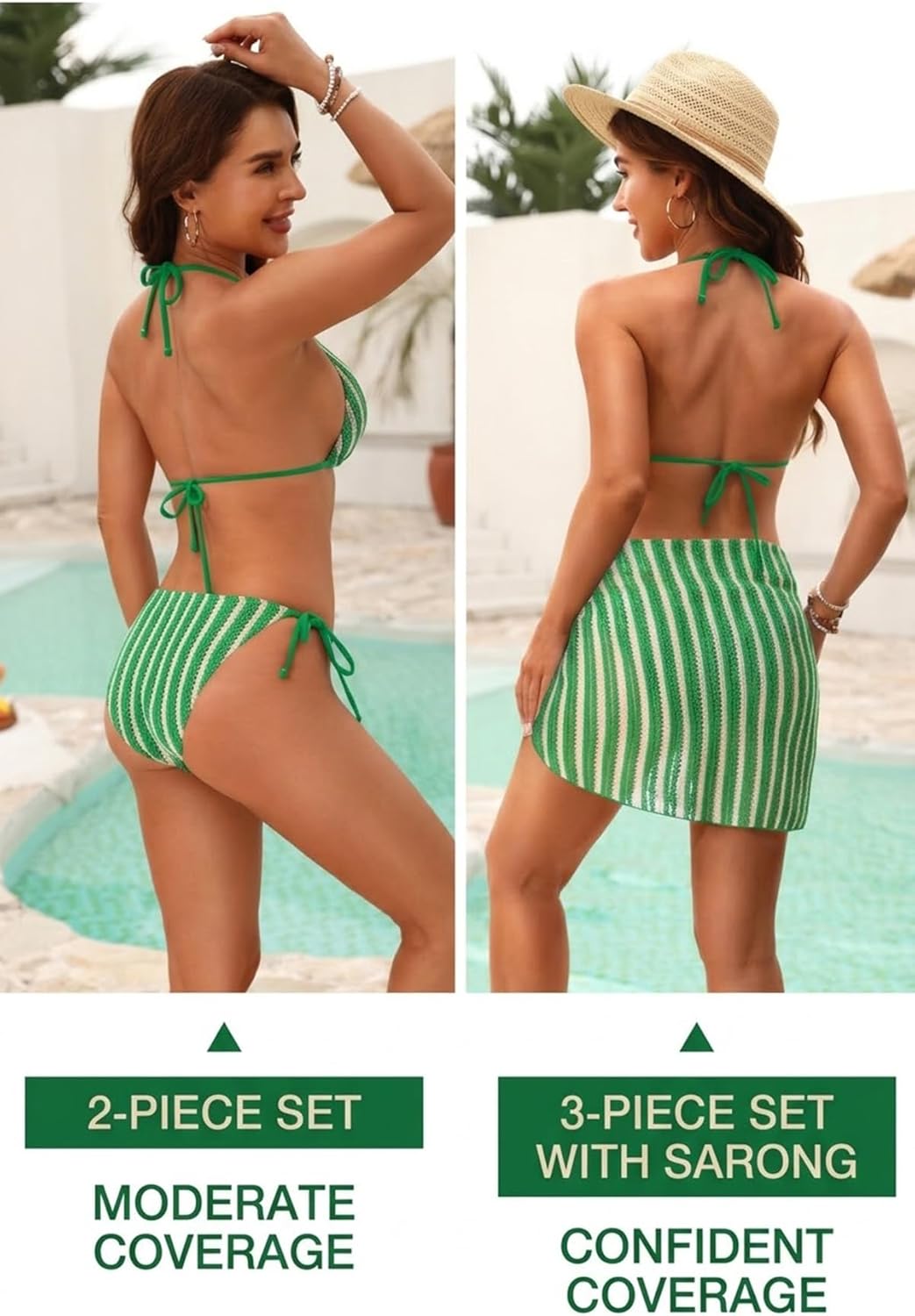 Women's 3 Piece Sexy Triangle Crochet Bikini Set - Halter Tie Side Swimsuit with Cover Up for Beach Vacation 2026