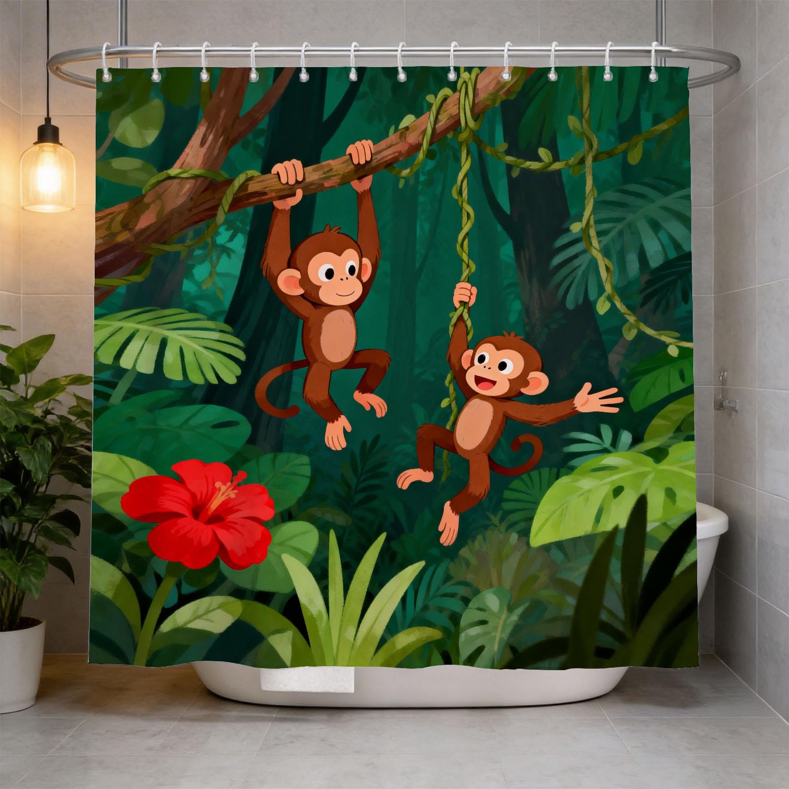 Hongduo 3D Cartoon Monkey Shower Curtain for Stalls Bathtubs Cartoon Jungle Bathroom Decor Shower Curtain Set Polyester Fabric Waterproof 200x200cm/79X79 Inch with Hooks