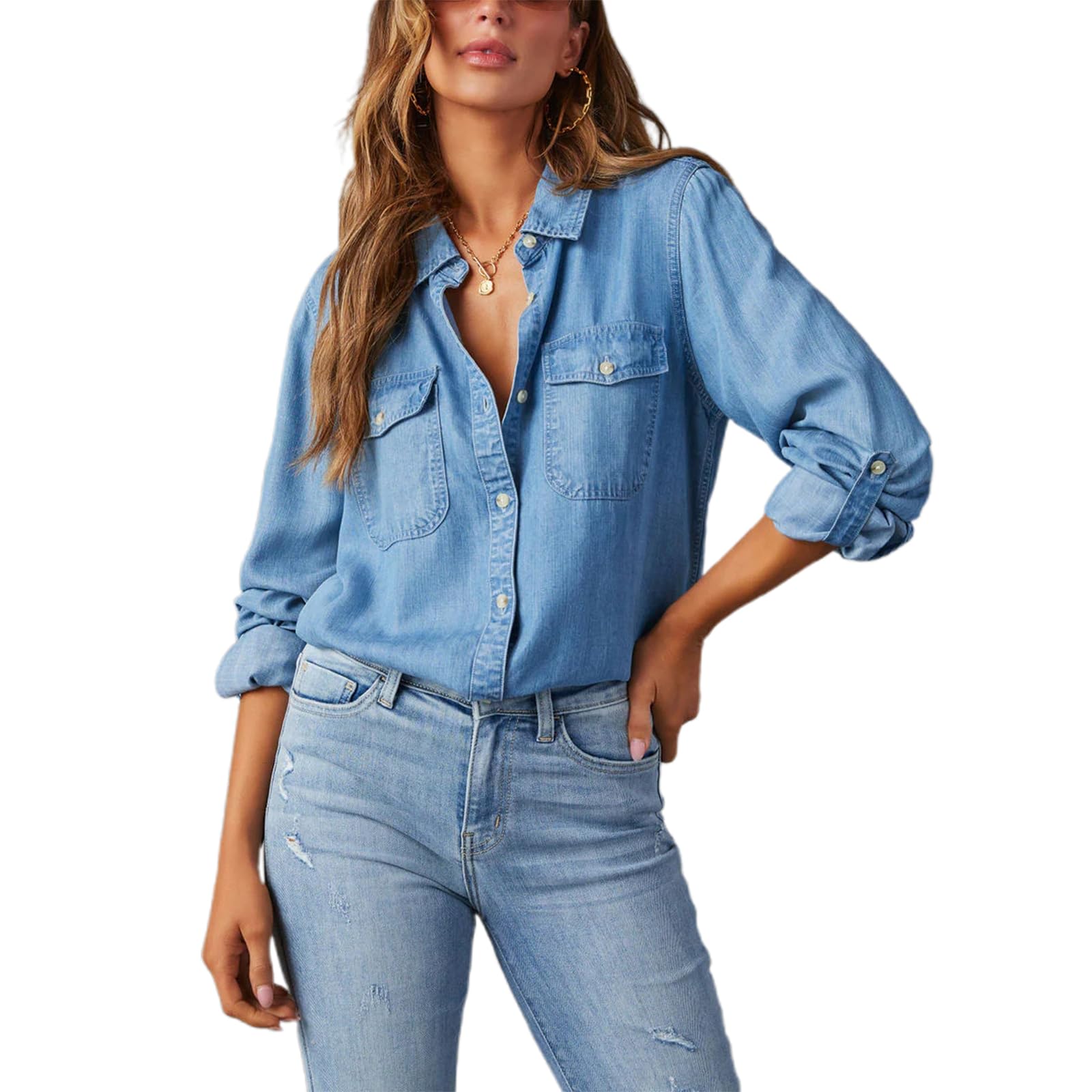 Chemise en jean boutonnée à manches longues pour femme - En chambray - Coupe ample