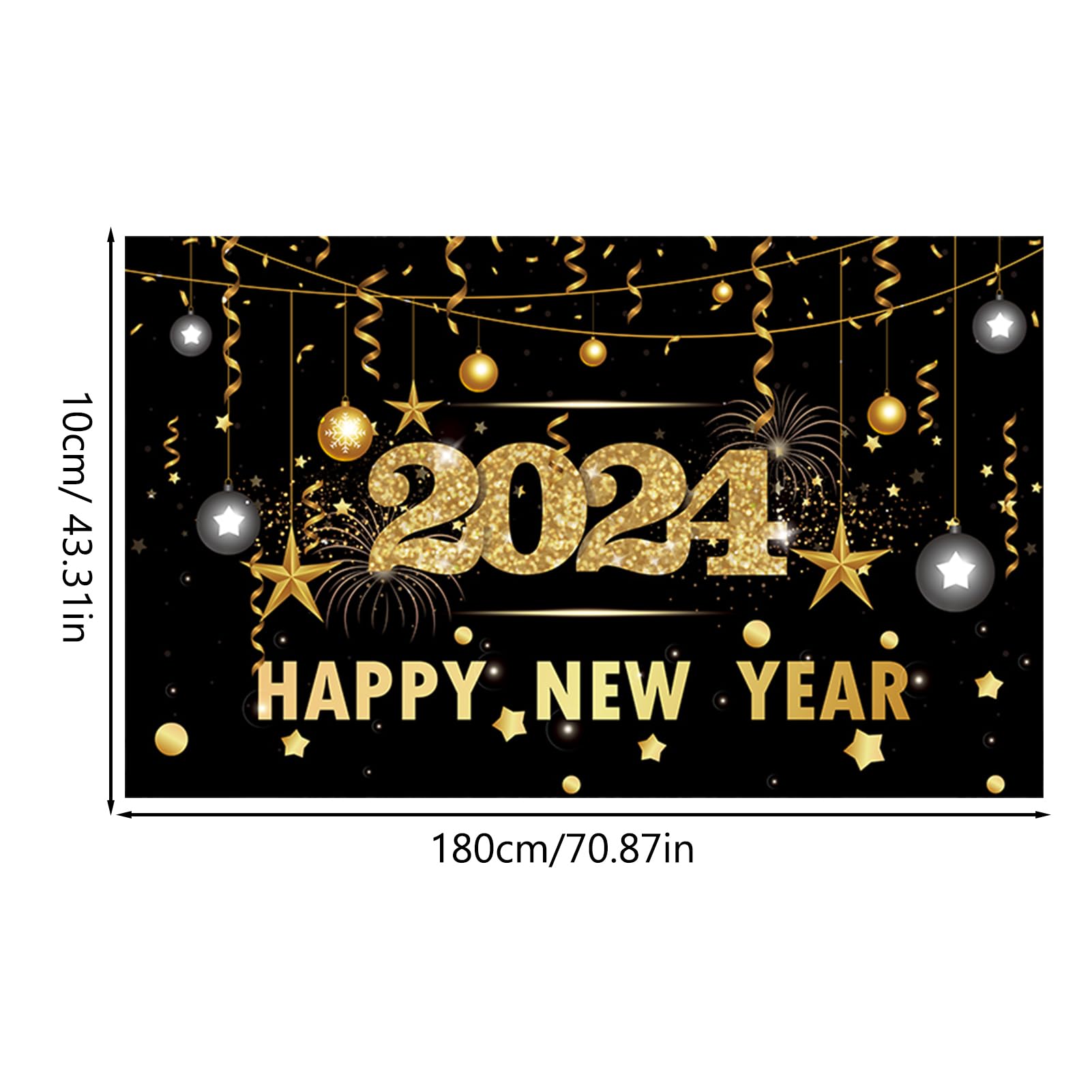 Banner Di Capodanno 2024 - Striscione 'Happy New Year' 180x110 Cm, Tessuto Poliestere, Con Corda, Per Decorazioni Feste