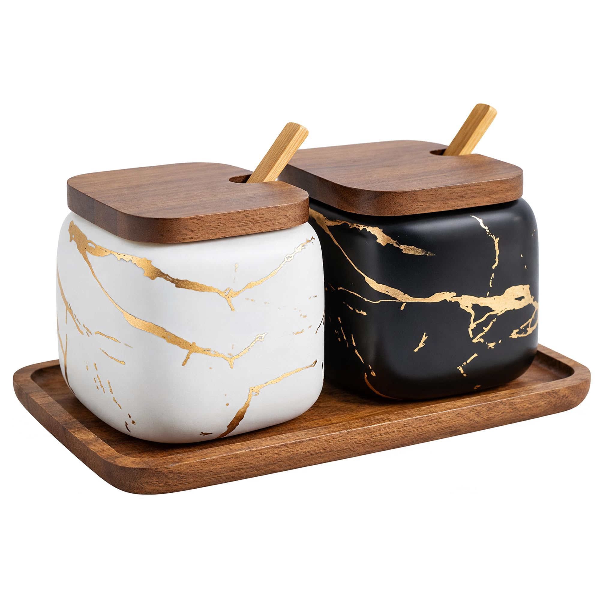 2 Sets of Marble Ceramic Sugar Bowl Ceramic Seasoning Jars with Wooden Lid and Wooden Spoon(Black and White)