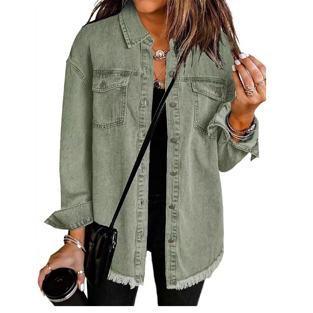 Casual Denim Button Down Distressed Jacket, Washed Denim Shirt Jacket for Women, Boyfriend Frayed Hem Shacket